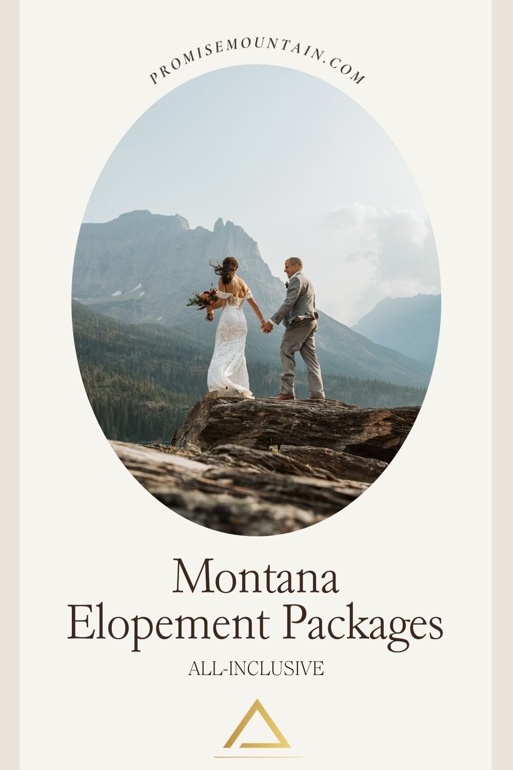 Couple hold hands as the bride holds her bouquet on a mountain top during their Montana elopement; image overlaid with text that reads Montana Elopement Packages All-inclusive