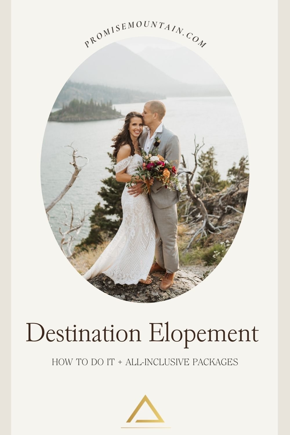 Groom plants a kiss on the side of the bride's head as she smiles at the camera; image overlaid with text that reads promisemountain.com Destination Elopement: How To Do It + All-Inclusive Packages