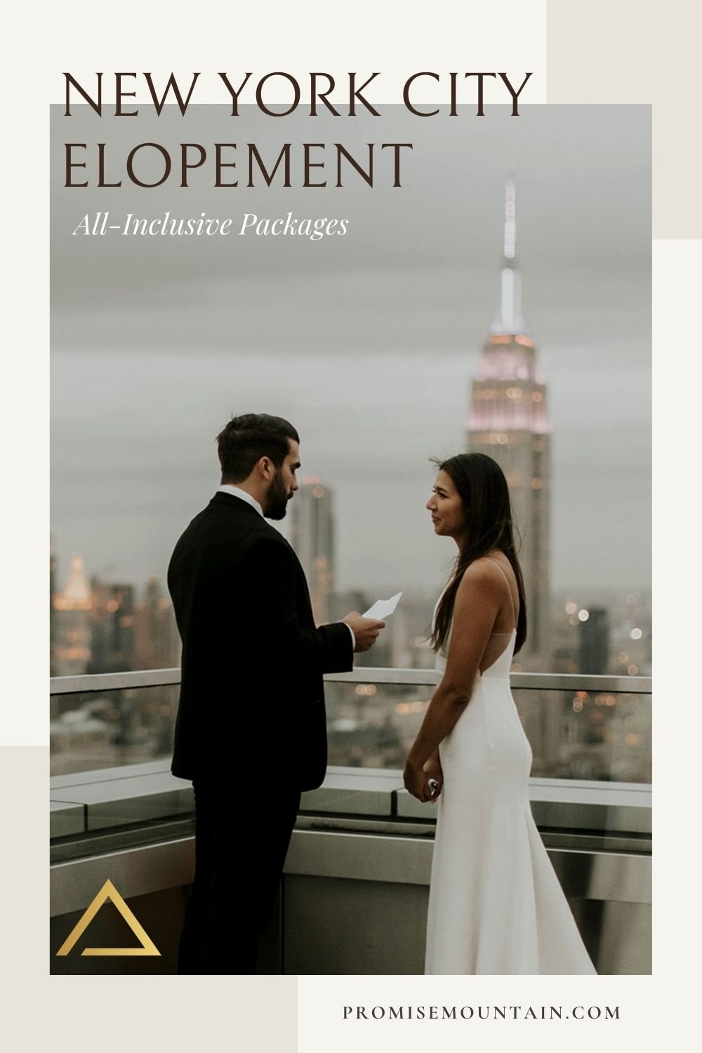 Groom reading his vows to the bride with the New York skyline behind them; image overlaid with text that reads New York City Elopement All-Inclusive Packages