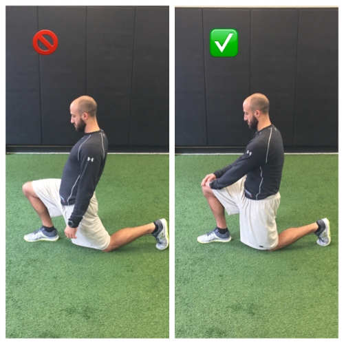 Lower Back is too extended on the left. On the right, lower back is neutral and pelvis is posteriorly tilted to target the quad & hip flexor stretch.