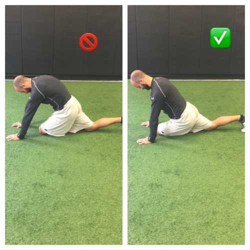 Spine is too rounded in picture on the left. On the right, spine is neutral while shifting weight and back and to the left to target the stretch.