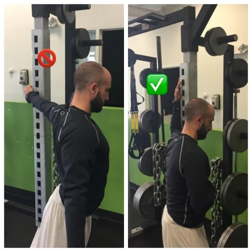 Lower back is too extended and shoulder joint is hyperextending in the picture on the left. On the right, spine is neutral and pec stretch is being targeted by controlling shoulder joint and slight thoracic rotation.