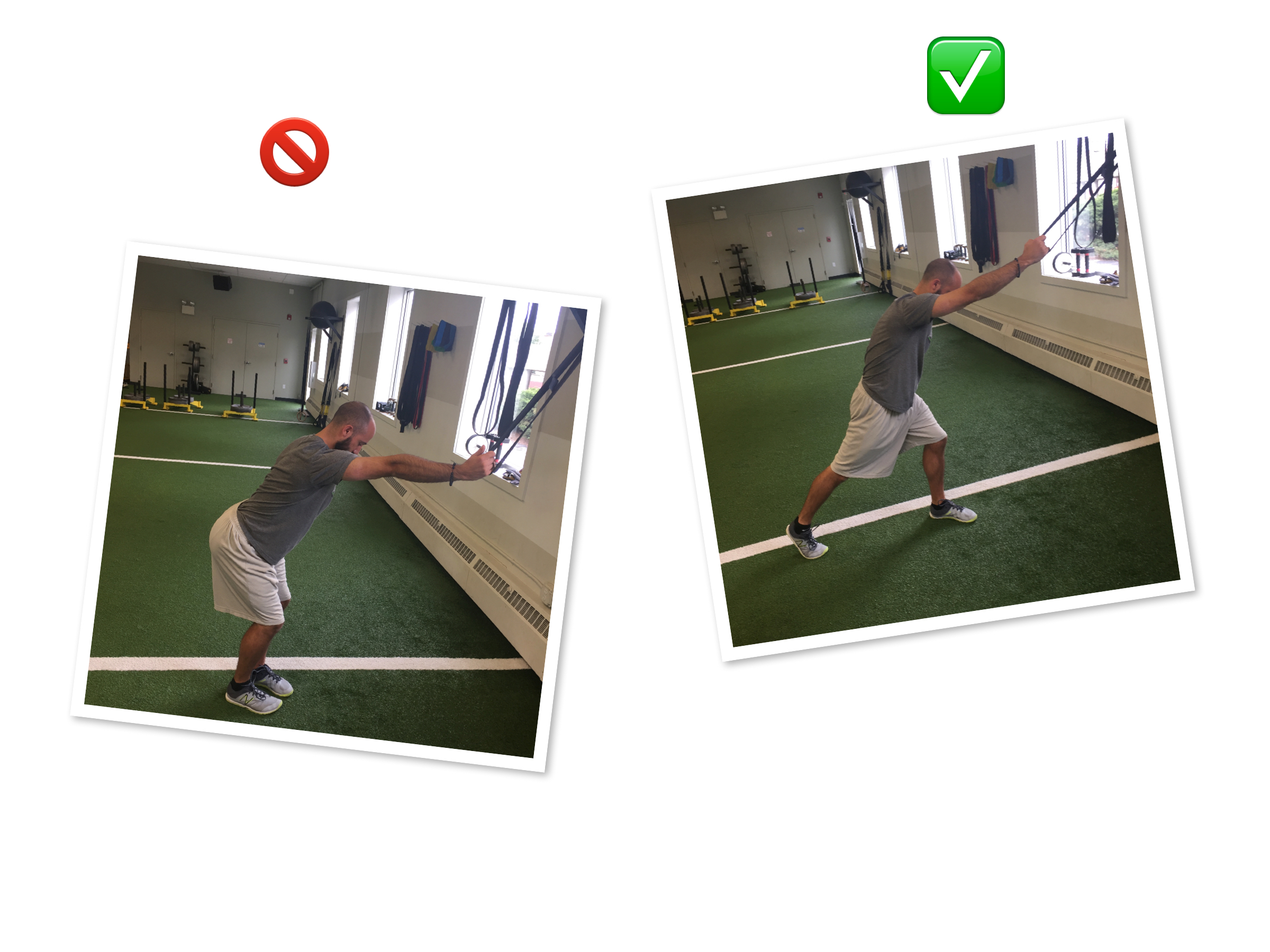 Lower back is too extended and elbow is hyperextending in the picture on the left. On the right, the spine is neutral and elbow joint isn't hyperextending.