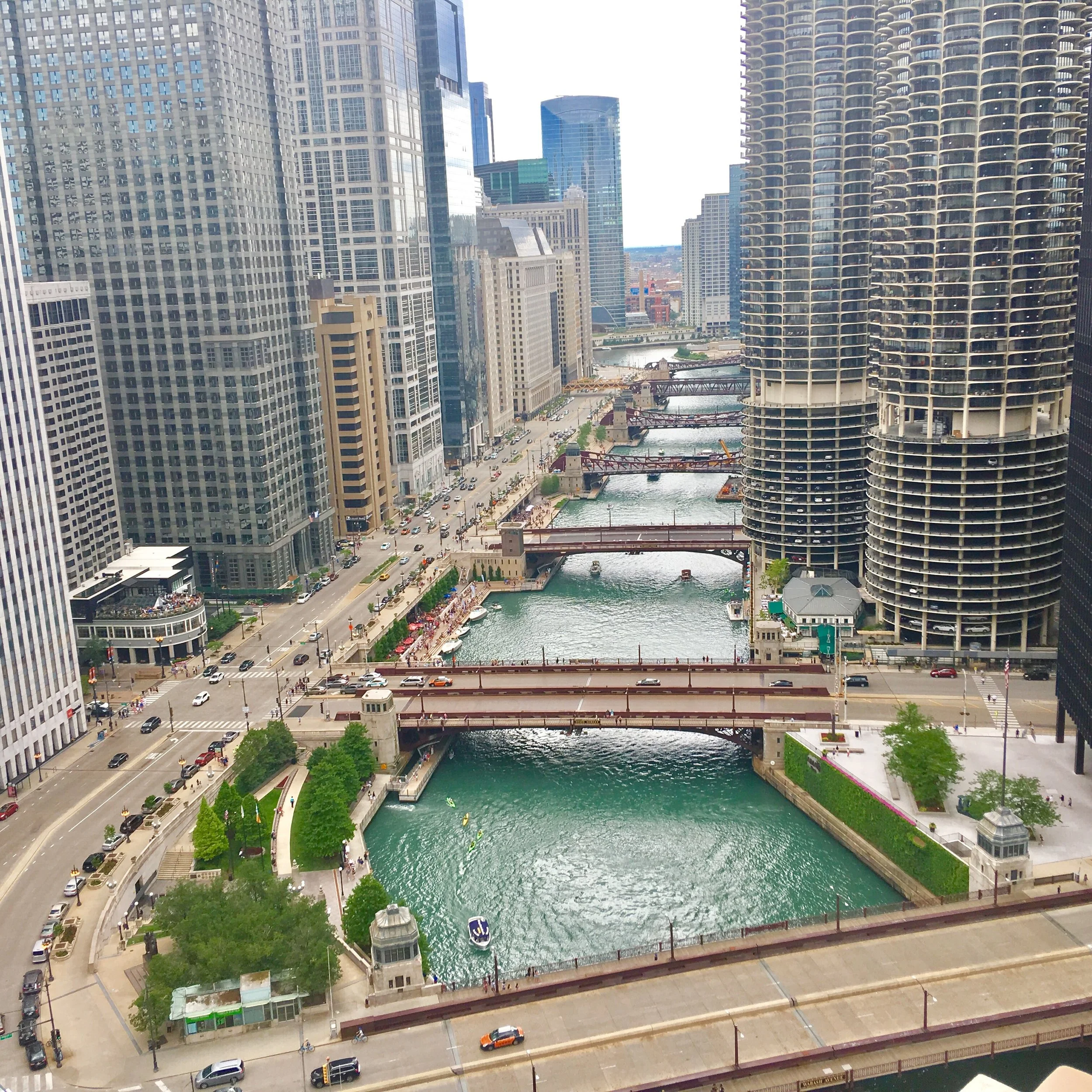 The Chicago River winding through the city's skyscrapers.