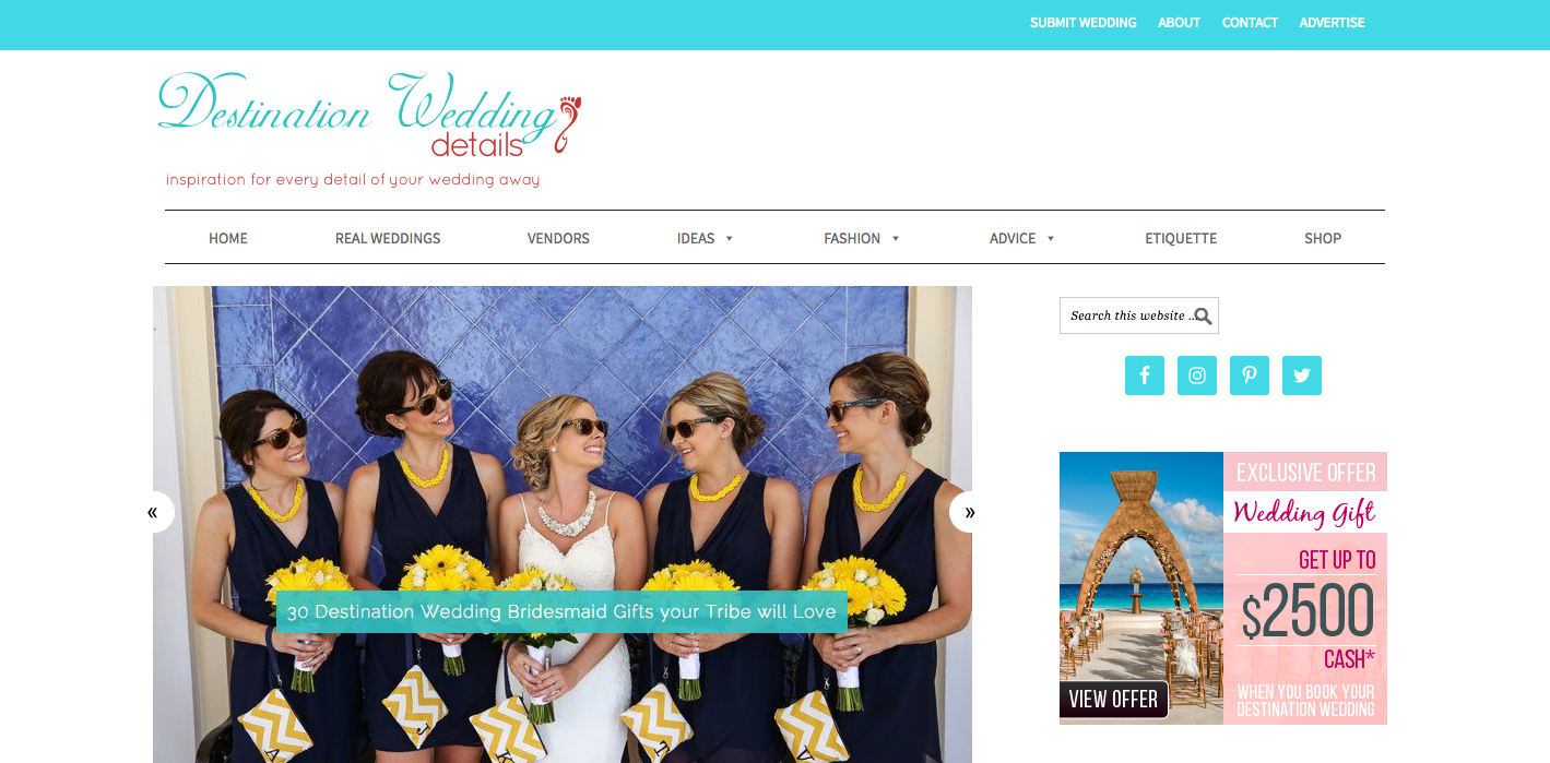 A screenshot of the Fly Away Bride blog website.