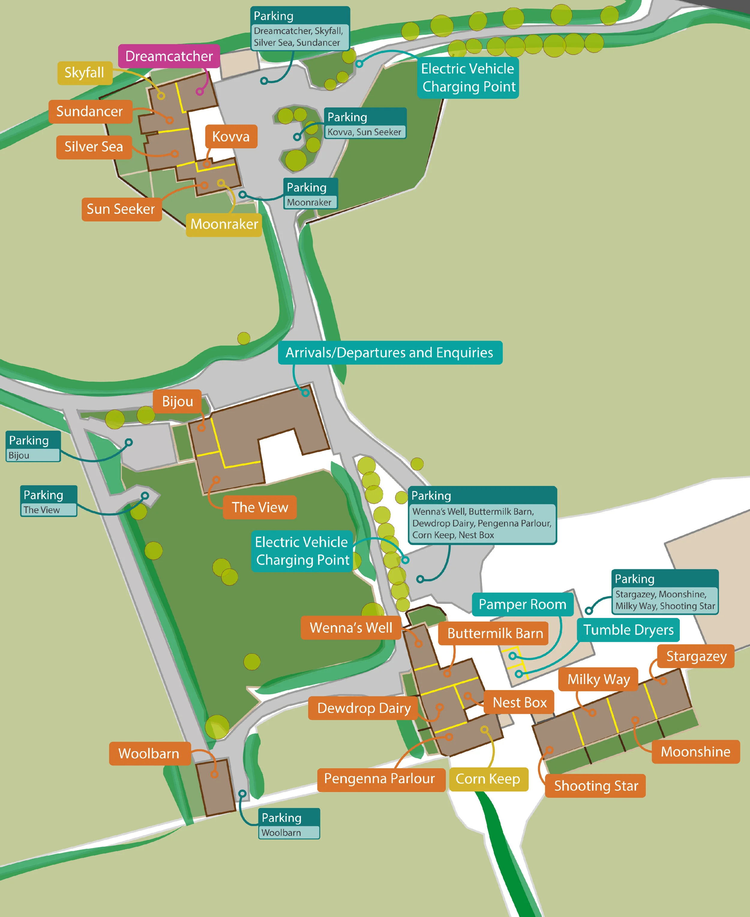 Layout of all 20 one-bedroom properties at Wooldown Holiday Cottages