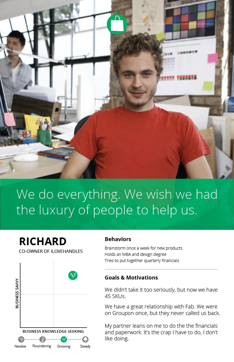 Persona created for an e-commerce company, showing important motivations and key behaviors for a small business owner.