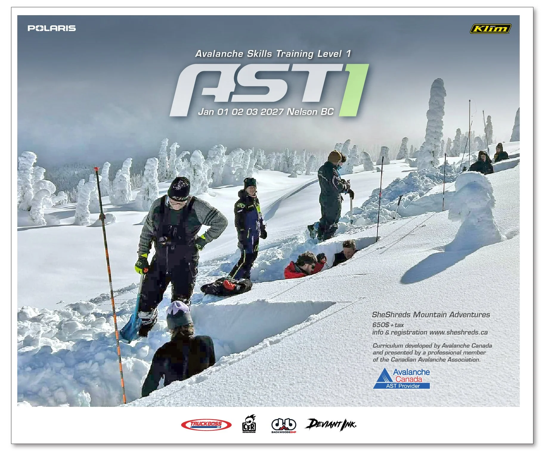 KLIM presents - AST 1 - Snowmobile Avalanche Skills and Training Level 1 - NELSON BC Jan 1-3 2027