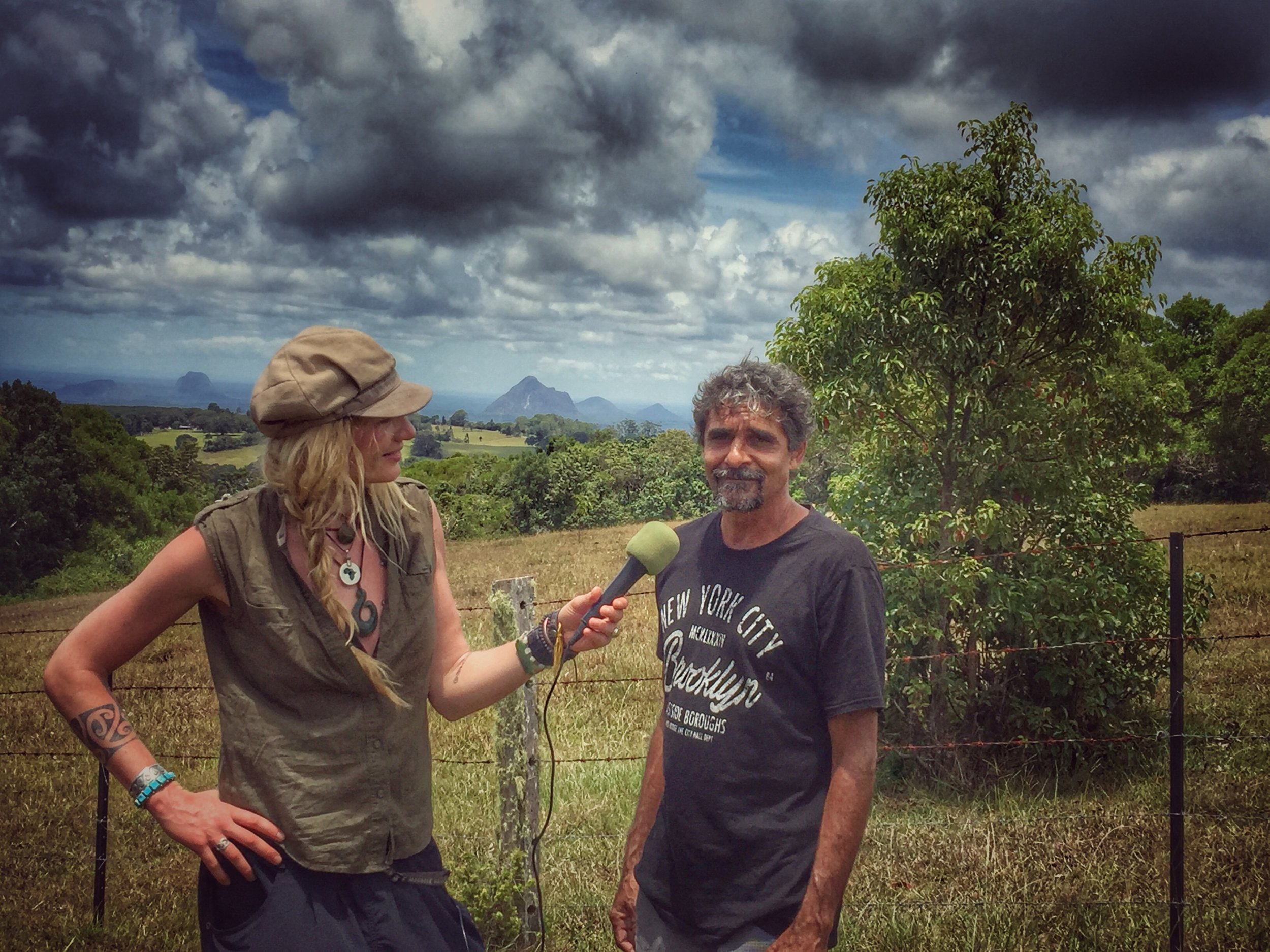 Interviewing a Kabi Kabi Indigenous Aboriginal Australian Elder at a sacred location where smoke signals were used to communicate with nearby tribes in order to ask & gain permission to cross into their land.