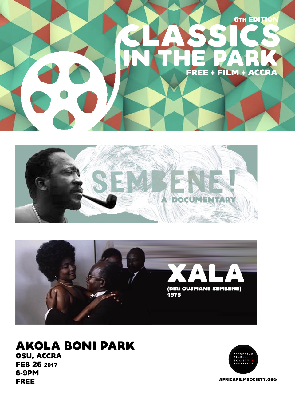 6th Classics in the Park Pays Tribute to Filmmaker Ousmane Sembène Africa Film Society’s free outdoor film showcase ‘Classics in the Park’ will pay tribute to legendary Senegalese filmmaker, Ousmane Sembène for its 6th Edition. Slated for February 25th, 6pm at Akola Boni Park in Osu, Nyaniba Estate, this edition aimsto familiarize Ghanaian film audience with the works of the man considered to befather of African cinema through his 1975 film Xala and 2015 biographical documentary film Sembène!. Largely self-taught, Sembène was a prolific writer and director. His films and literature provide candid portrayal of Colonialism and the fallings of religion and the new African bourgeoisie. His first feature film, Black Girl (1966) is a critical account of the isolation of a young Senegalese domestic servant working with an affluent French family in Antibes. In Xala (1975), Semebène takes on the new African bourgeoisie in a biting satire about a westernized black bourgeoisie rendered impotent on the day of his wedding to his third wife. It was screened at the Moscow International Film Festival in 1975 and was ranked among ‘The 100 Best Films of World Cinema in 2010 by the Empire Magazine. Sembene was a member and co-founder of the Senegalese Association of filmmakers and the Pan African Federation of Filmmakers (FEPACI). He was a jury member at Cannes in 1967, Berlin (1977) and Venice (1983).His film, Moolaade (2002) won the Certain Regard prize in Cannes in 2004, subsequently becoming the first African director to hold a leçon de cinèma there. He died in June, 2007 at the age of 84. CLASSICS IN THE PARK / FEB 25 / 6pm / AKOLA BONI PARK, OSU ACCRA