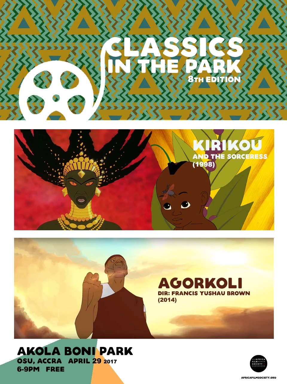 Africa Film Society’s free outdoor film showcase ‘Classics in the Park’ will showcase African Animation for its Season Finale. Slated for April 29th, 6pm at Akola Boni Park in Osu, our 8th edition aims to reacquaint Ghanaian film audience with 1998 cult classic Kirikou and the Sorceress. We will open screening with Ghanaian animated short film Agorkoli (2014) by Francis Yushau Brown. This will be our last screening for the Season. We will return in September for Season 2. We encourage our audience to bring a canned good on April 29th to be donated to South Labone Girls Vocational School which is opposite Akola Boni Park. We believe in making a positive impact in the communities we screen. Thanks in Advance. DIRECTIONS to Akola Boni Park can be found HERE