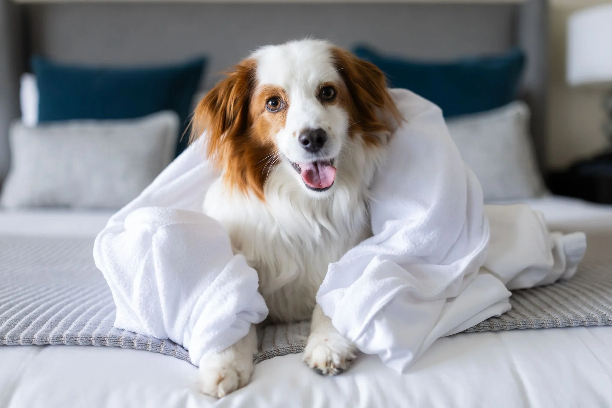A happy dog with white and brown fur lying on a bed, wearing a white robe.