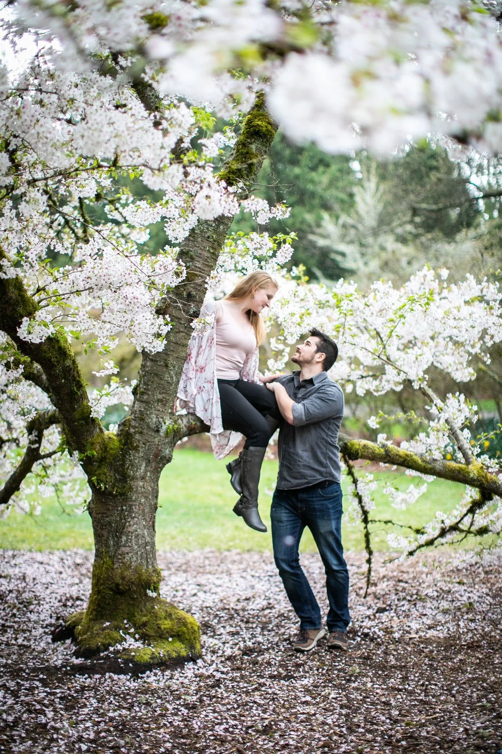 A couple in love outdoors during spring, with the woman sitting on a tree branch amid blooming cherry blossoms and the man lifting her while standing on the ground.