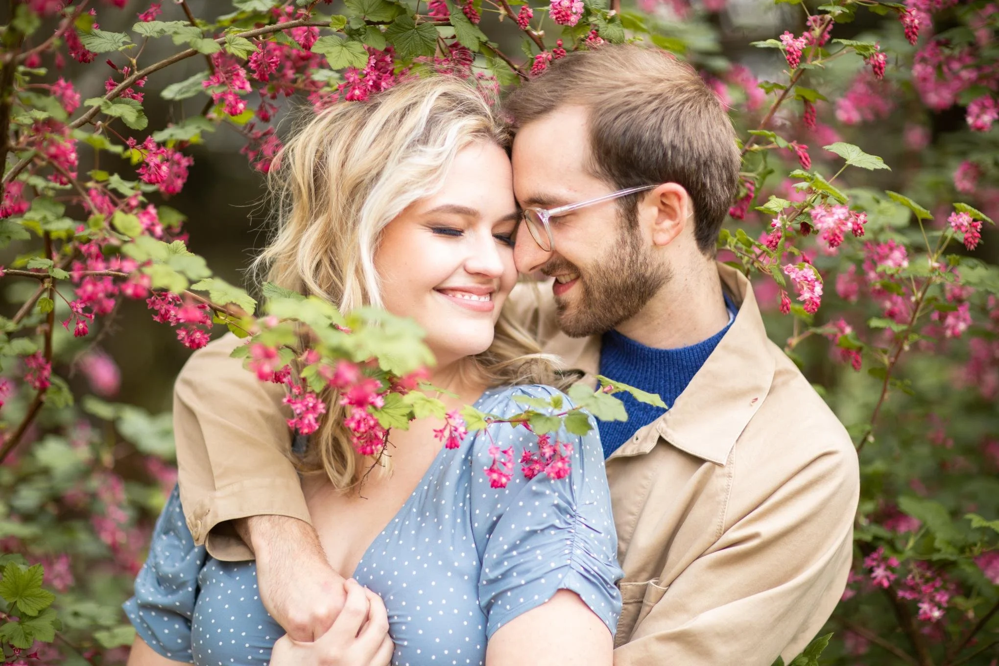 A couple embraces and smiles with their foreheads touching among pink flowering bushes.