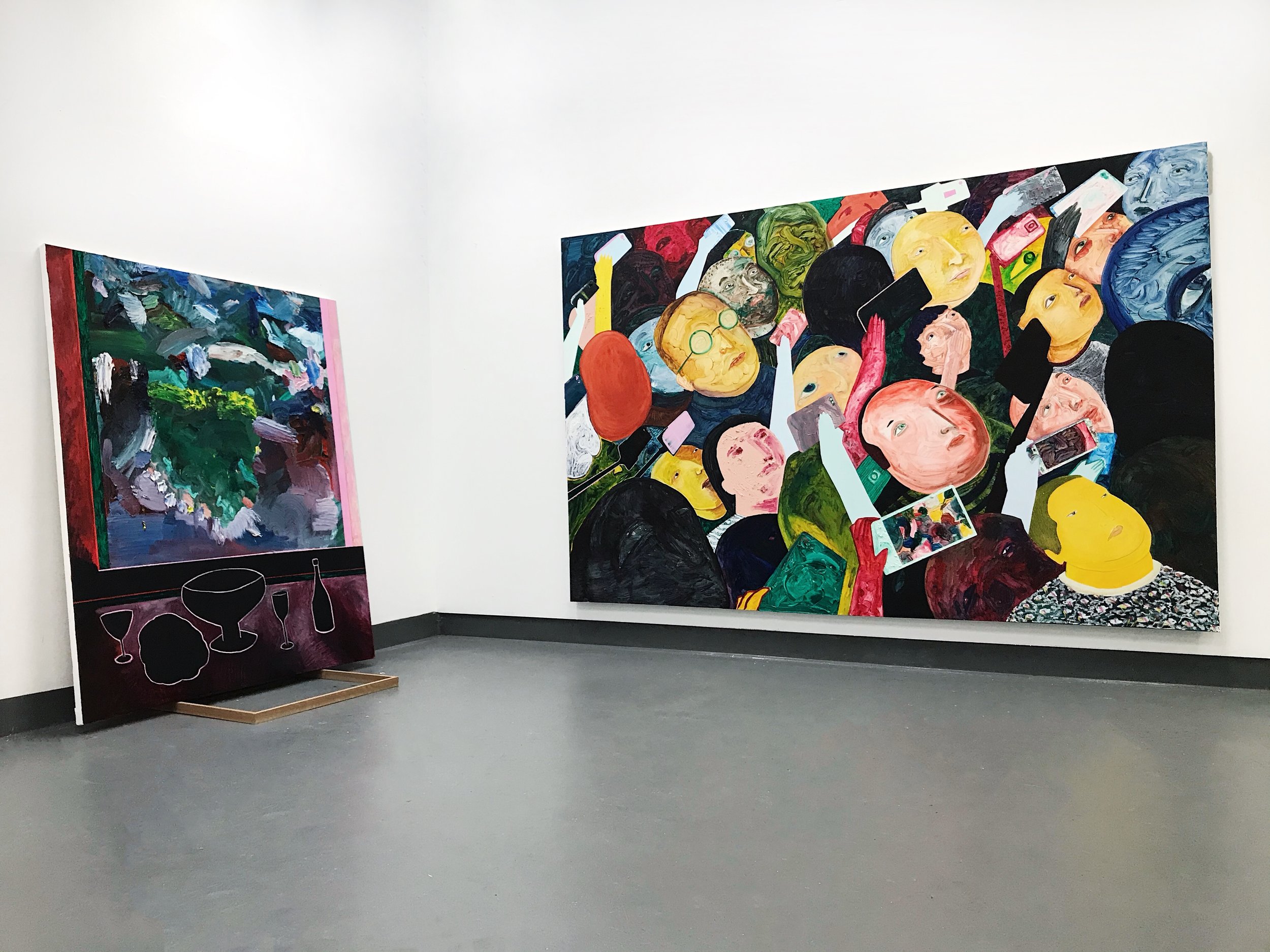  Left:  Still life and vineyard at Gladysdale , 2019, oil on polycotton, 190x160cm  Right:  Ssshhh no photo, no talking (the other view of Primavera) , 2019, oil on polycotton, 203x314cm 