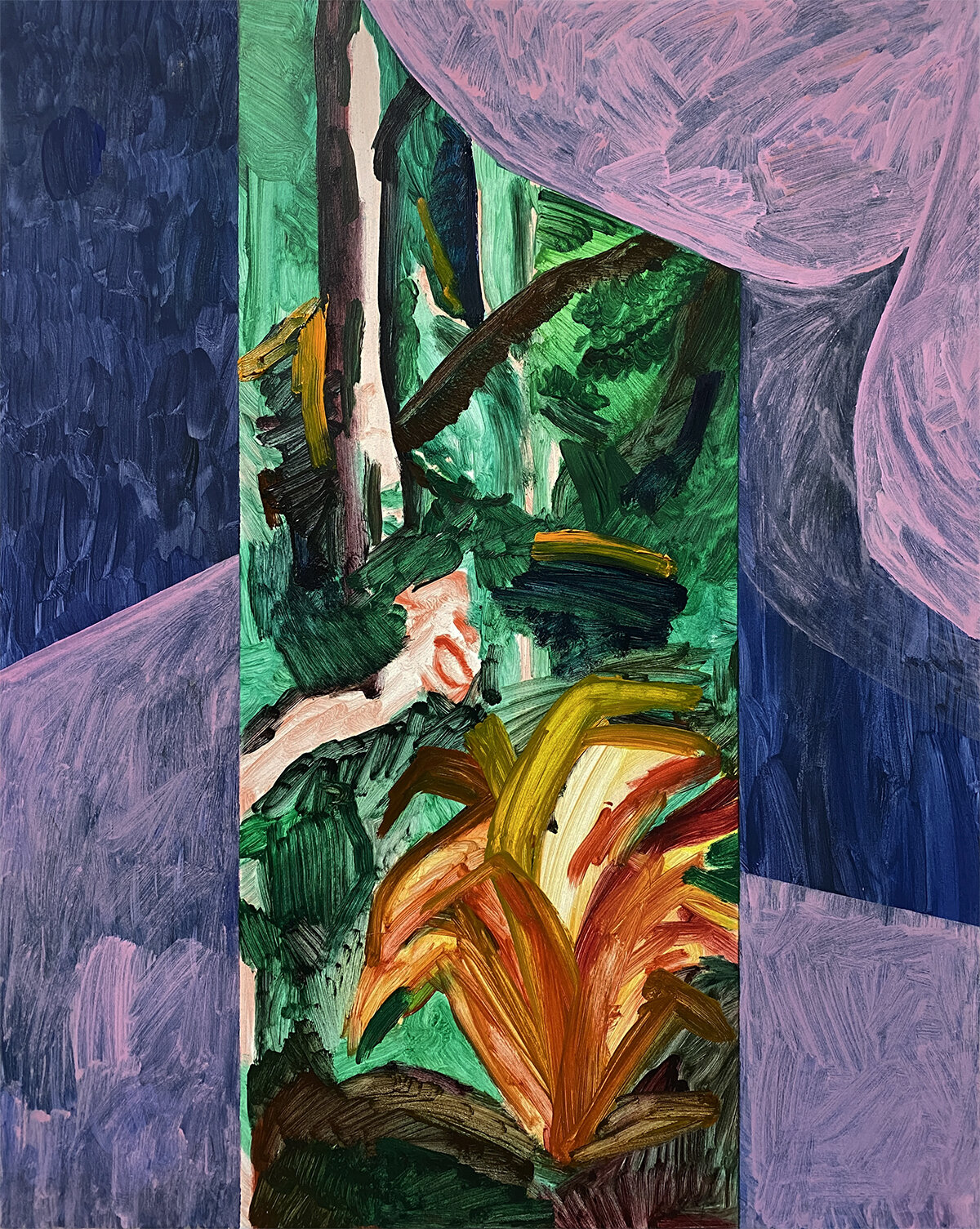   The Love Letter (watching bromeliads change colour outside my studio during summer) , 2020, oil on polycotton, 76 x 61 cm 