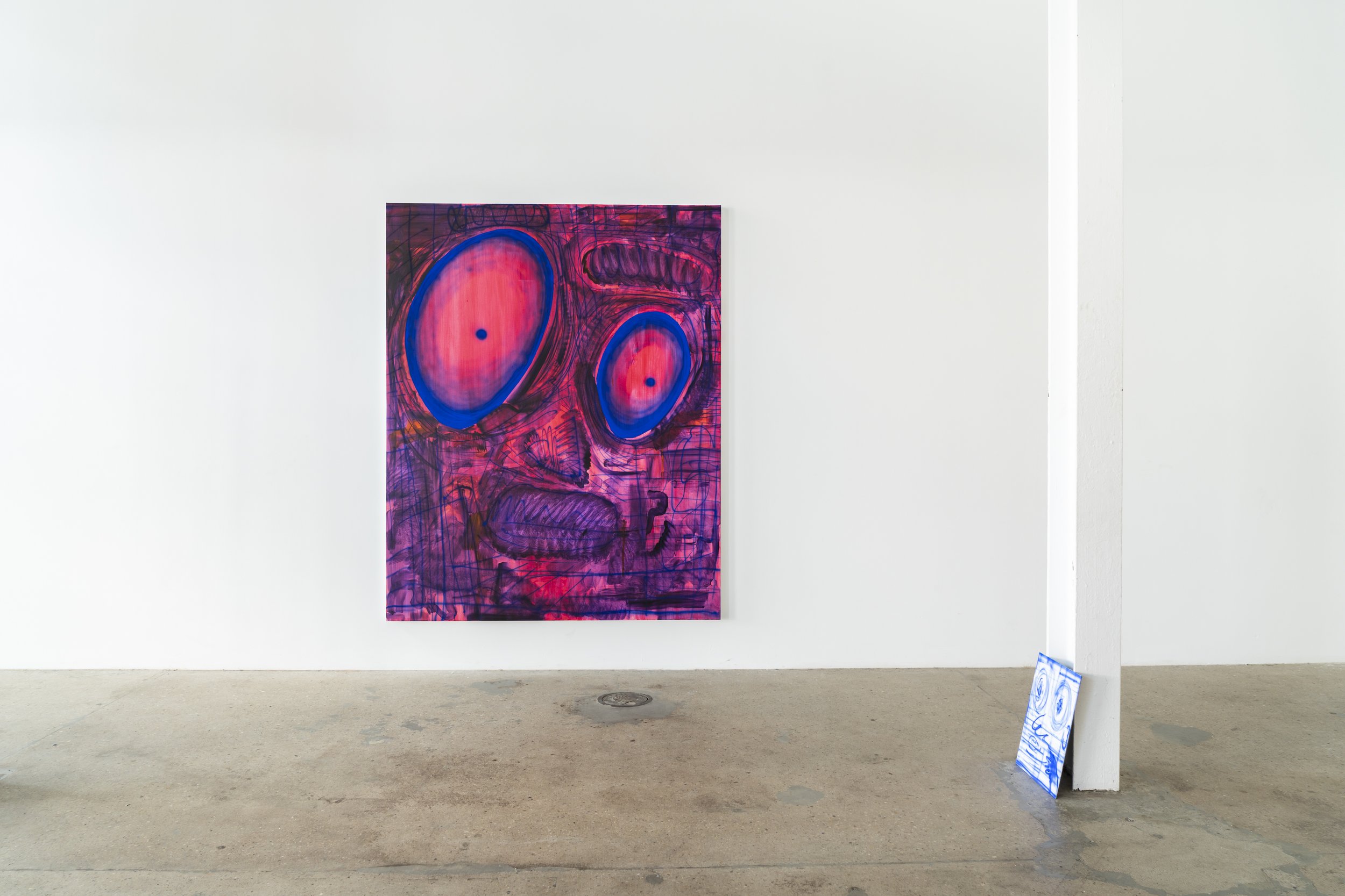  Installation View  Left:  Scrolling endlessly on Reddit , 2022, acrylic and flashe on polycotton, 160cm x 200cm  Right:  Thinking about where did the last hour go? , 2022, acrylic on dibond, 40cm x 30cm.  Photo credit:  Louis Lim  