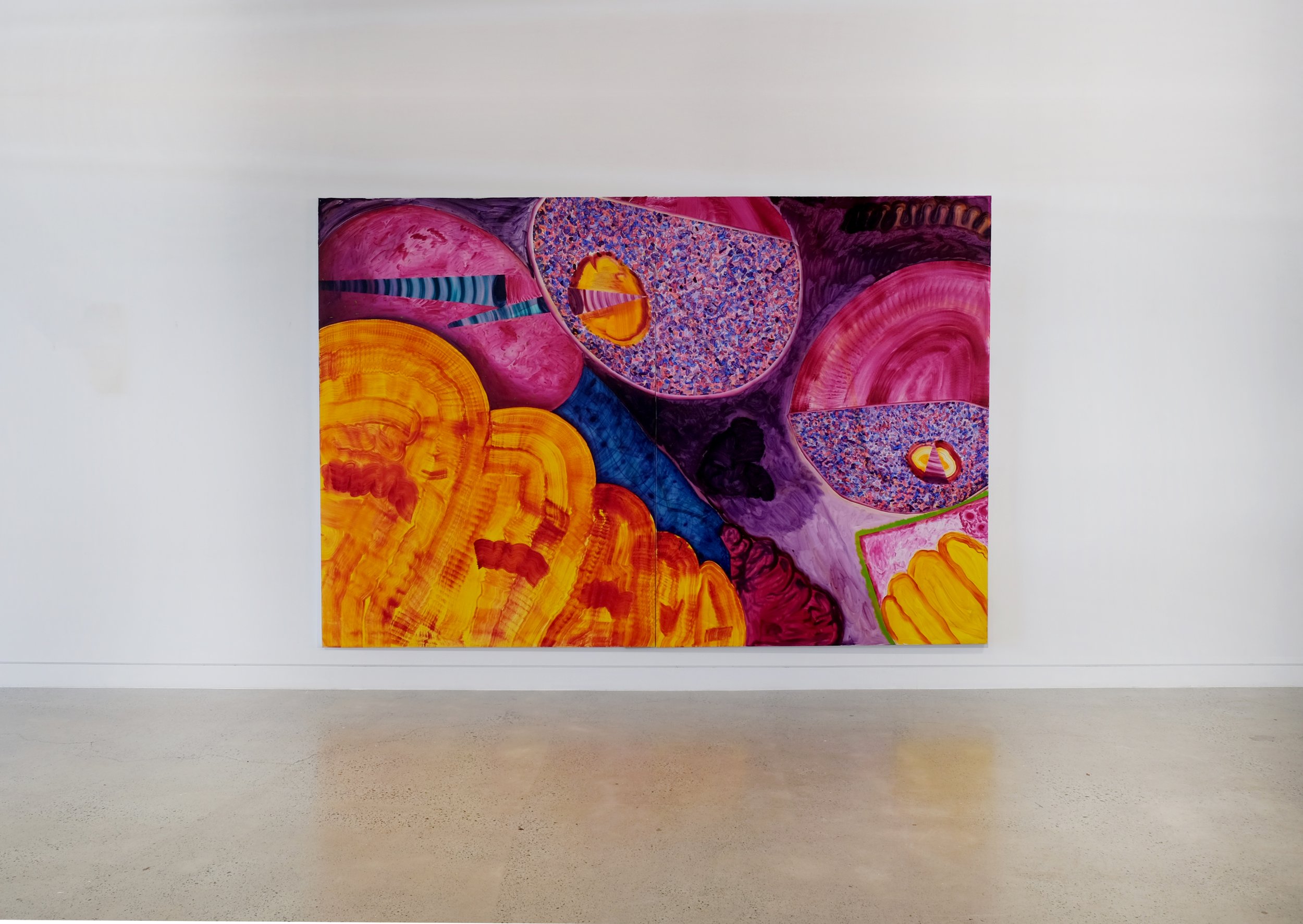  Installation View   Lacking sleep, rocking Tilly and watching End Game,  2023, oil on polycotton and canvas, 195cm x 291cm. 