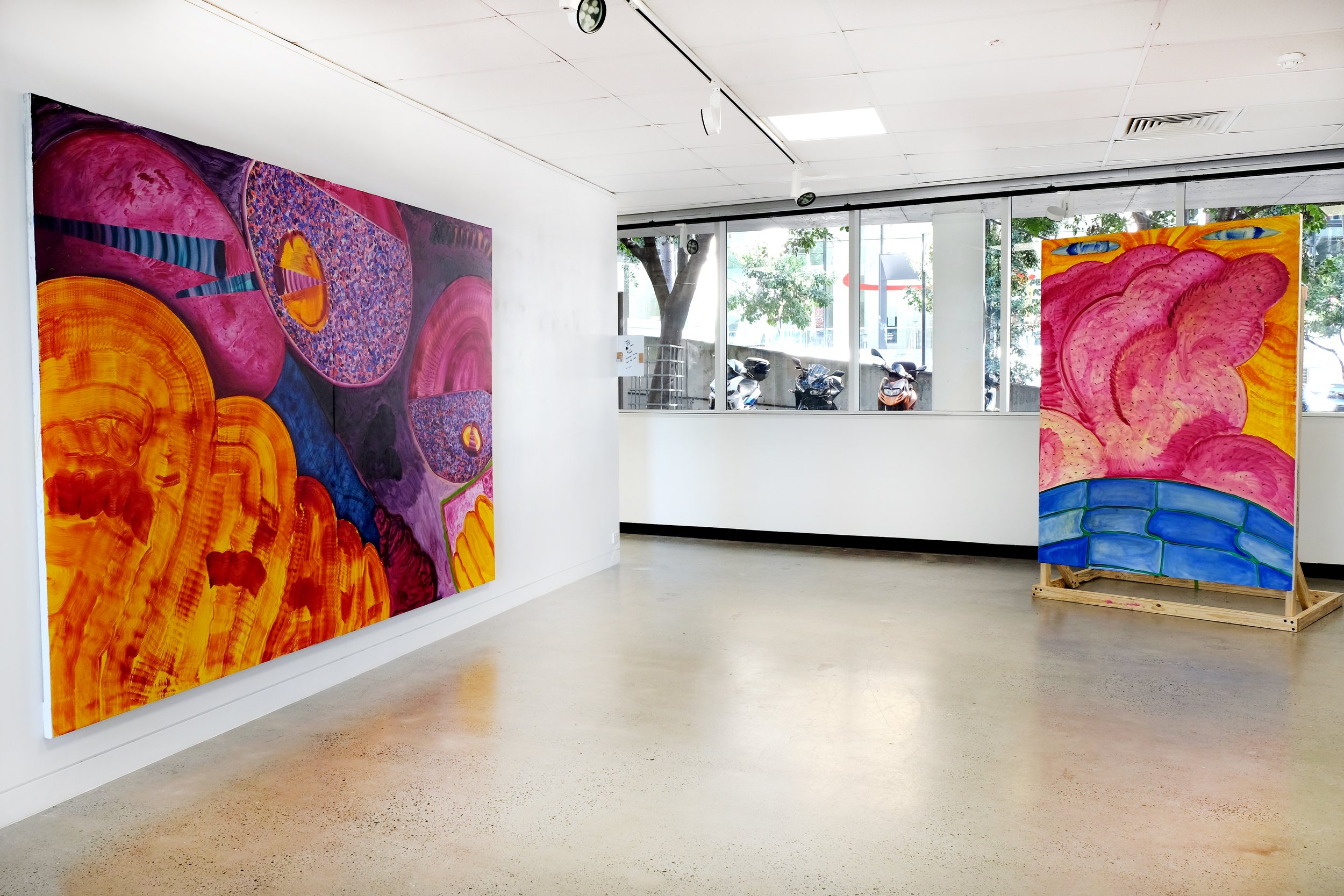  Installation View  Left:  Lacking sleep, rocking Tilly and watching End Game,  2023, oil on polycotton and canvas, 195cm x 291cm.  Right:  Thumb sucker , 2023, oil on poly cotton, 195cm x 140cm 