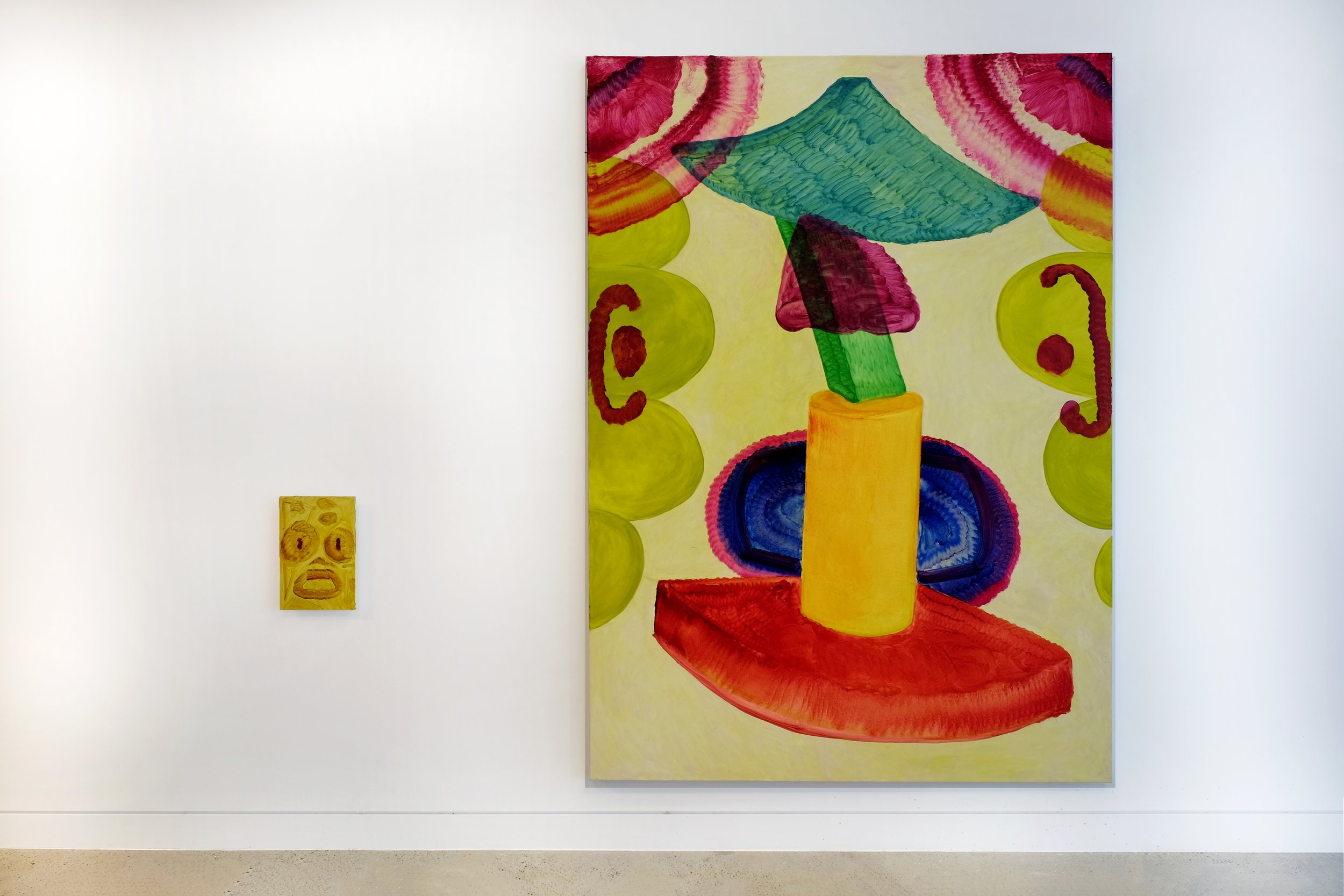  Installation View  Left:  Distracted by blocks , 2023, oil on dibond, 31cm x 20cm  Right:  Building and smashing blocks , 2023, oil on polycotton, 195cm x 140cm 