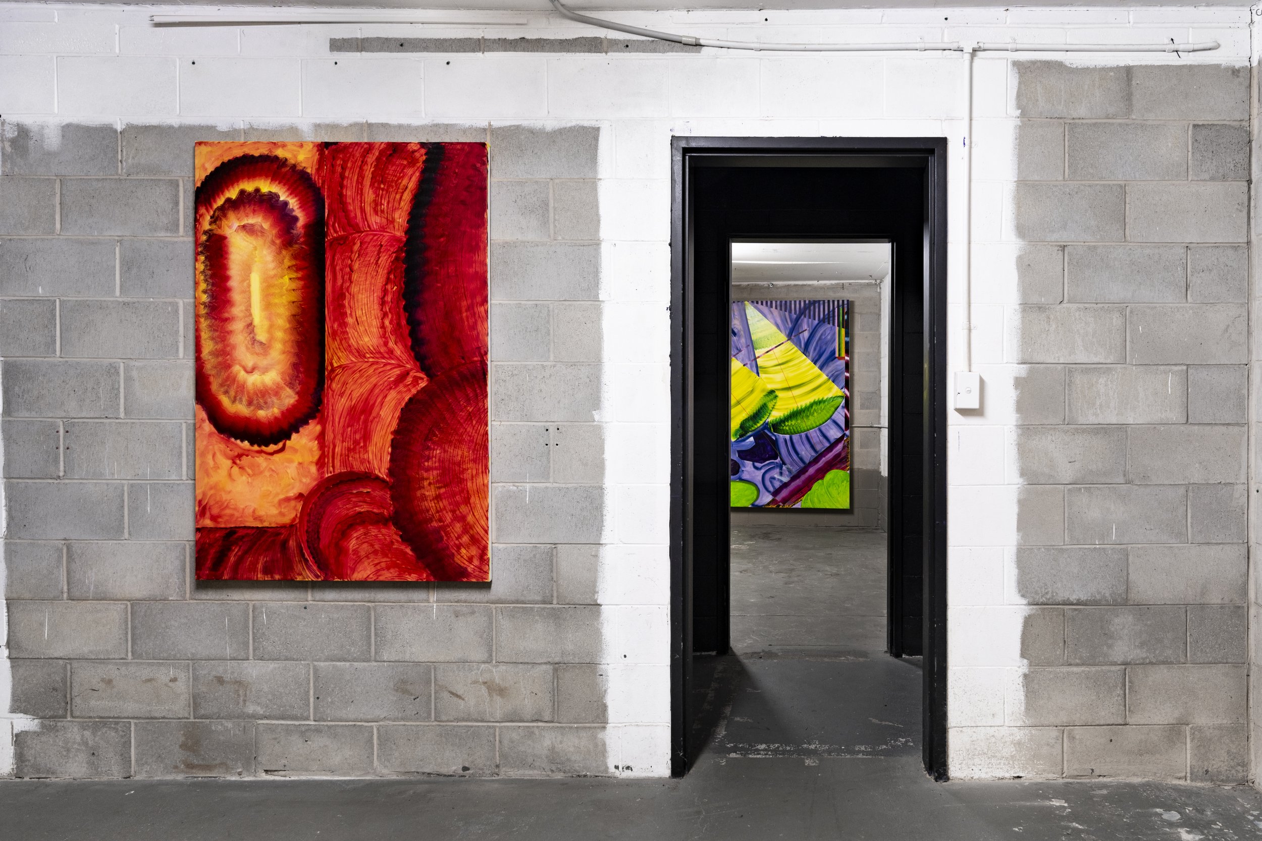  Left:  Smartphone pinky , 2024 oil on polycotton, 95x142cm  Right:  Laser like focus , 2024 oil on polycotton,198x213cm   Photos by  Louis Lim  and  Milani Gallery , Meeanjin/Brisbane.  