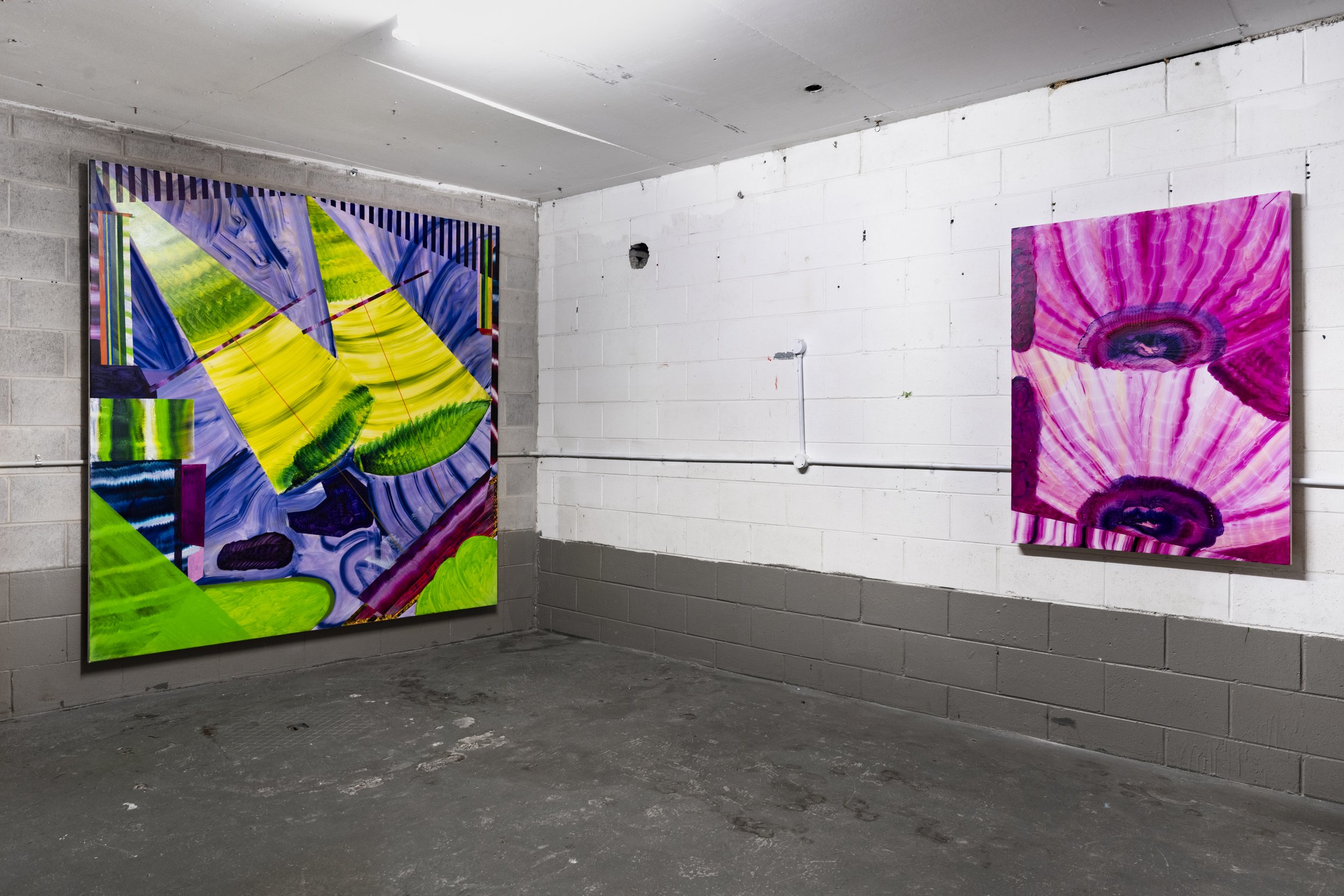  Left:  Laser like focus , 2024 oil on polycotton,198x213cm   Right:  Glued to YouTube watching some guy mow lawns , 2024 oil on polycotton, 90.5x123cm   Photos by  Louis Lim  and  Milani Gallery , Meeanjin/Brisbane.  