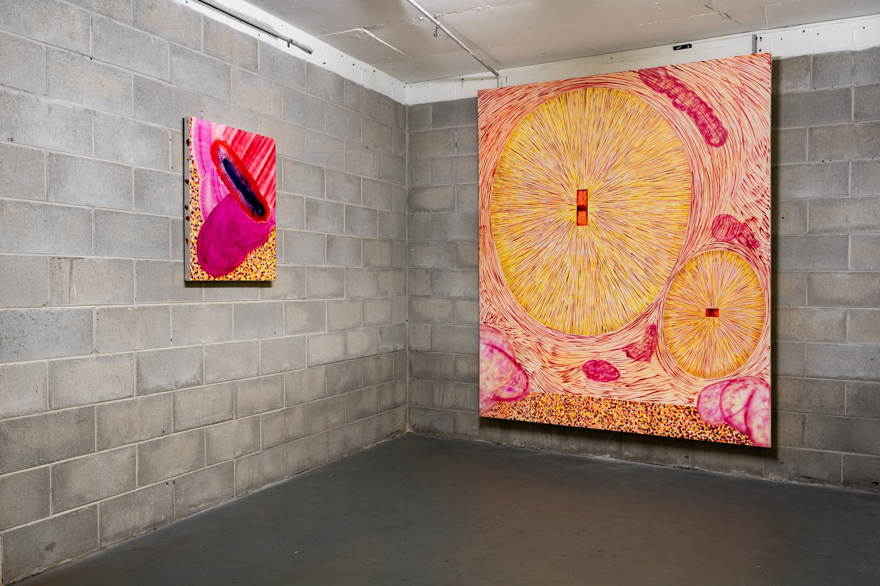  Left:  Sore Thumb , 2024, oil on polycotton, 60.5x76.5cm  Right:  External distraction , 2024 oil on polycotton, 180x220cm   Photos by  Louis Lim  and  Milani Gallery , Meeanjin/Brisbane.  