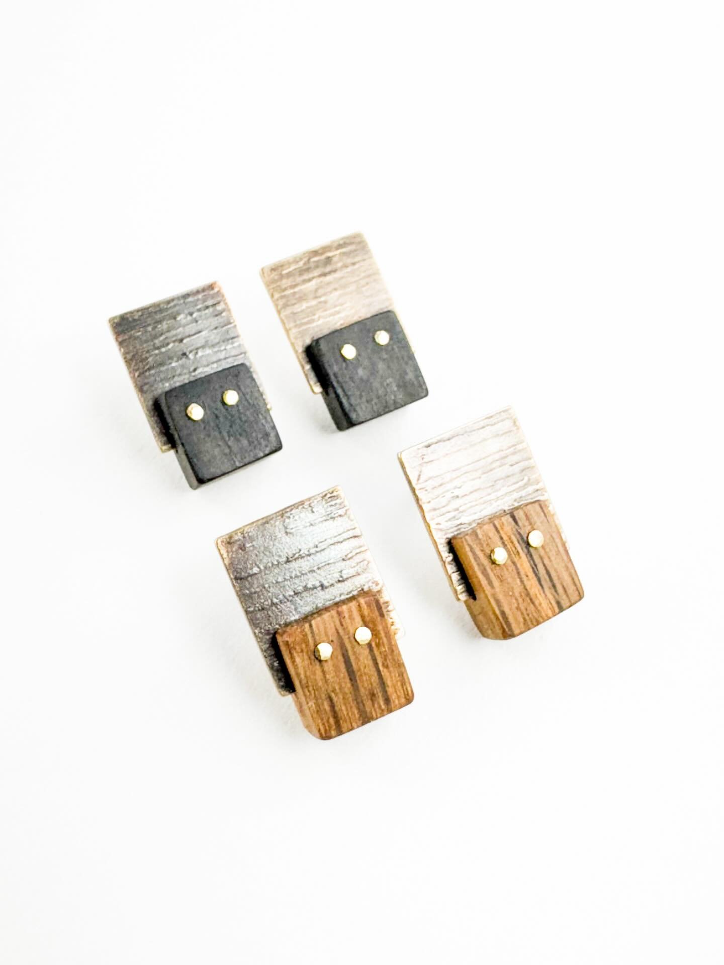 Riveting Wood + Etch Studs

I made these earlier in 2025 and love them. I etched the brass with a wood grain texture for some design irony as the metal is paired with actual wood pieces 🤓 Very classy studs- unique in design and approach. As usual, m