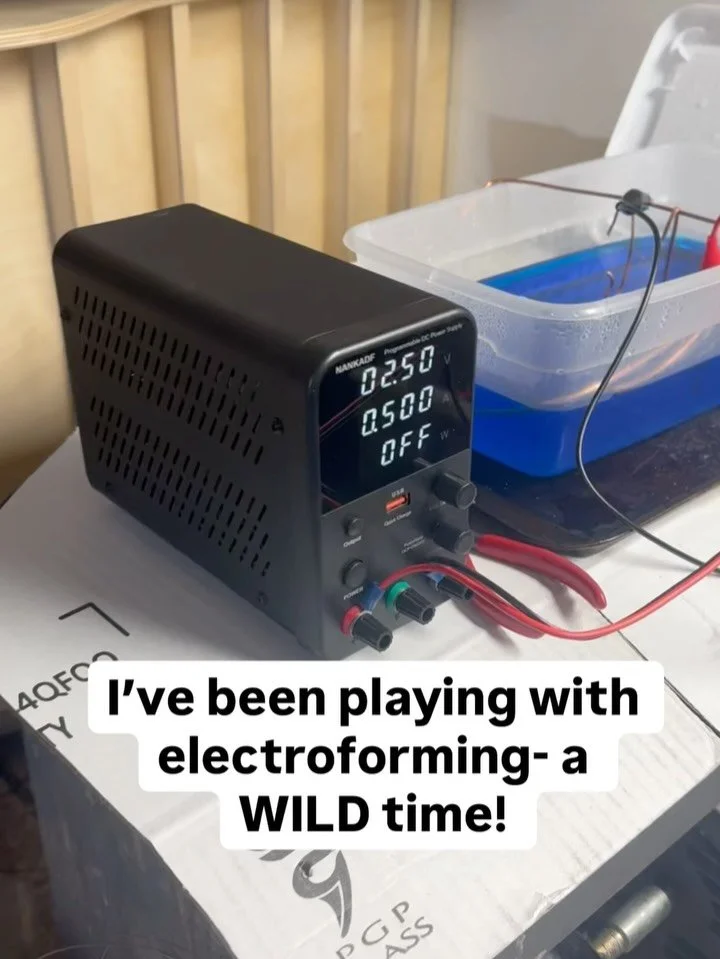 Have you heard or experimented with this??! Electroforming and I are becoming friends. It says, &ldquo;I am science.&rdquo; And I say, &ldquo;The best kind. The kind that can form copper onto something and become jewelry.&rdquo;

We did this in colle