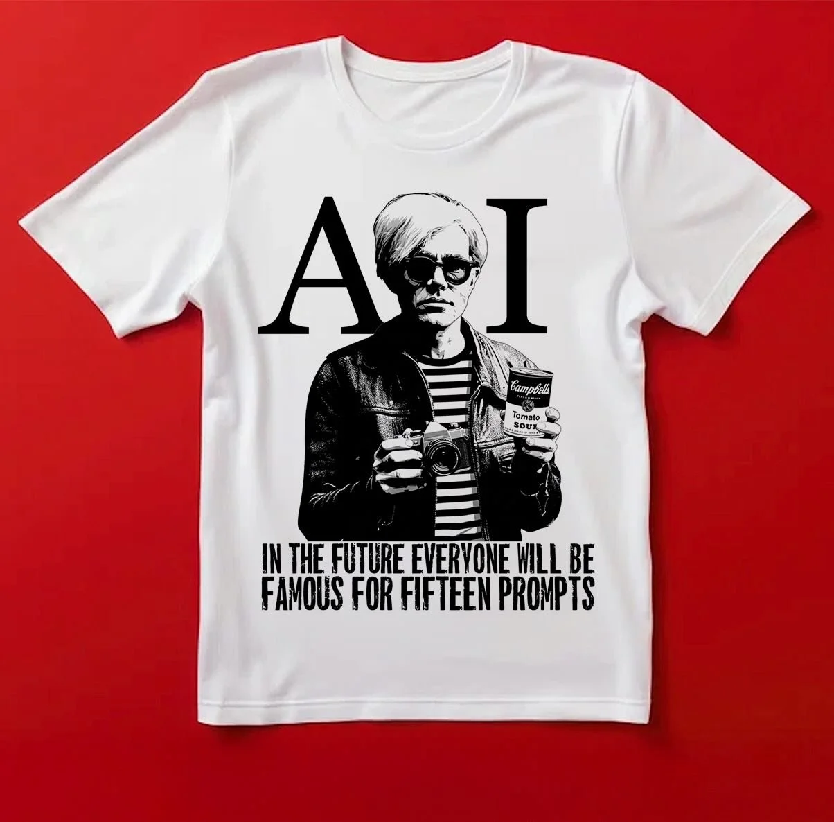 Recent apparel design referencing Warhols quote &lsquo;in the future everyone will be famous for fifteen minutes&rsquo;.
Mine is a reference to AI. 

Happy New Year!
Cheers,
Leith

#warhol #andywarhol #velvetunderground #drella