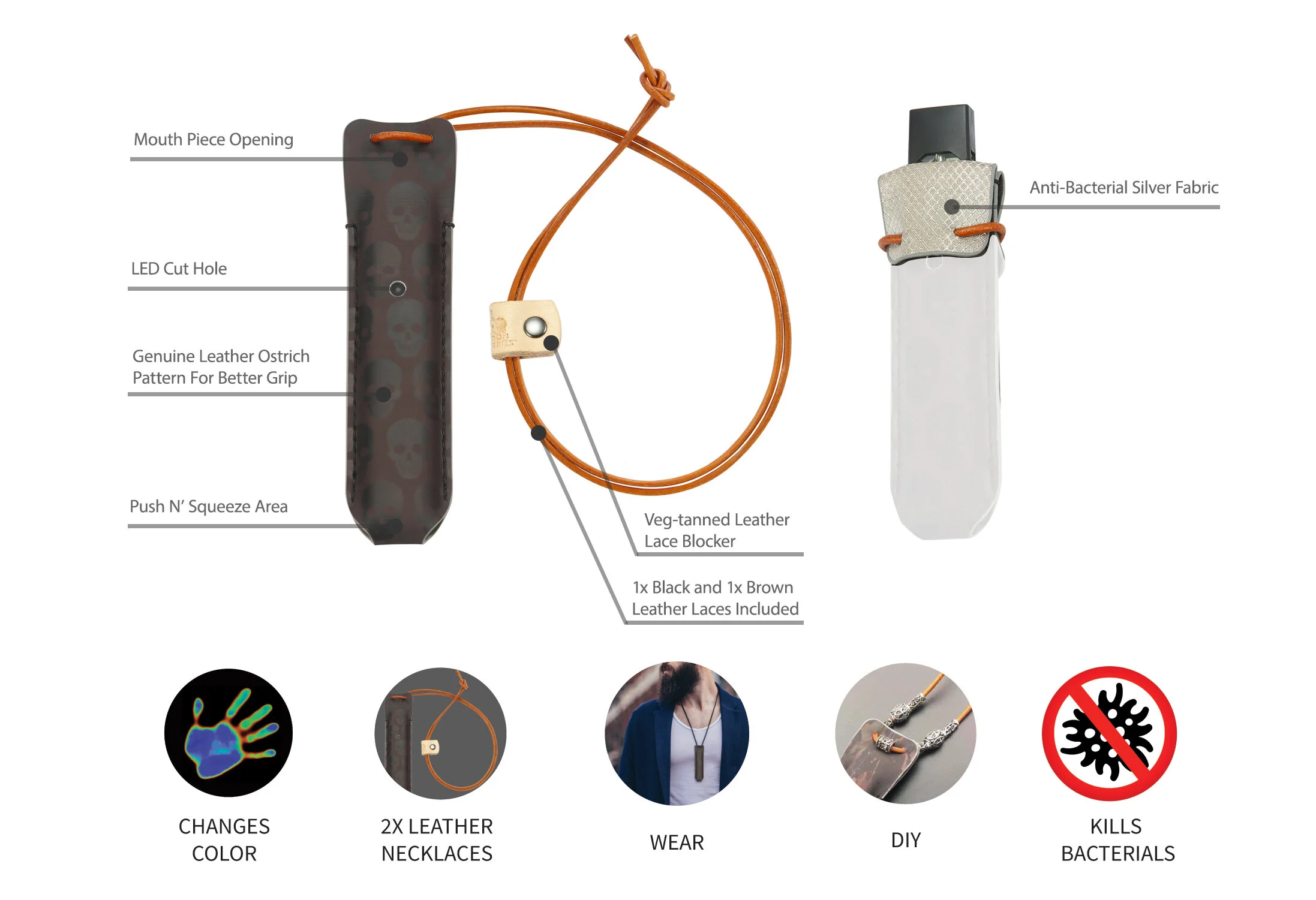 LeatherUp Juul Sleeve Case - Skulls - Thermochromic Synthetic Leather-Anti-Microbial Silver Fabric-Exchangeable Leather Necklaces-by DRAGOON INDUSTRIES