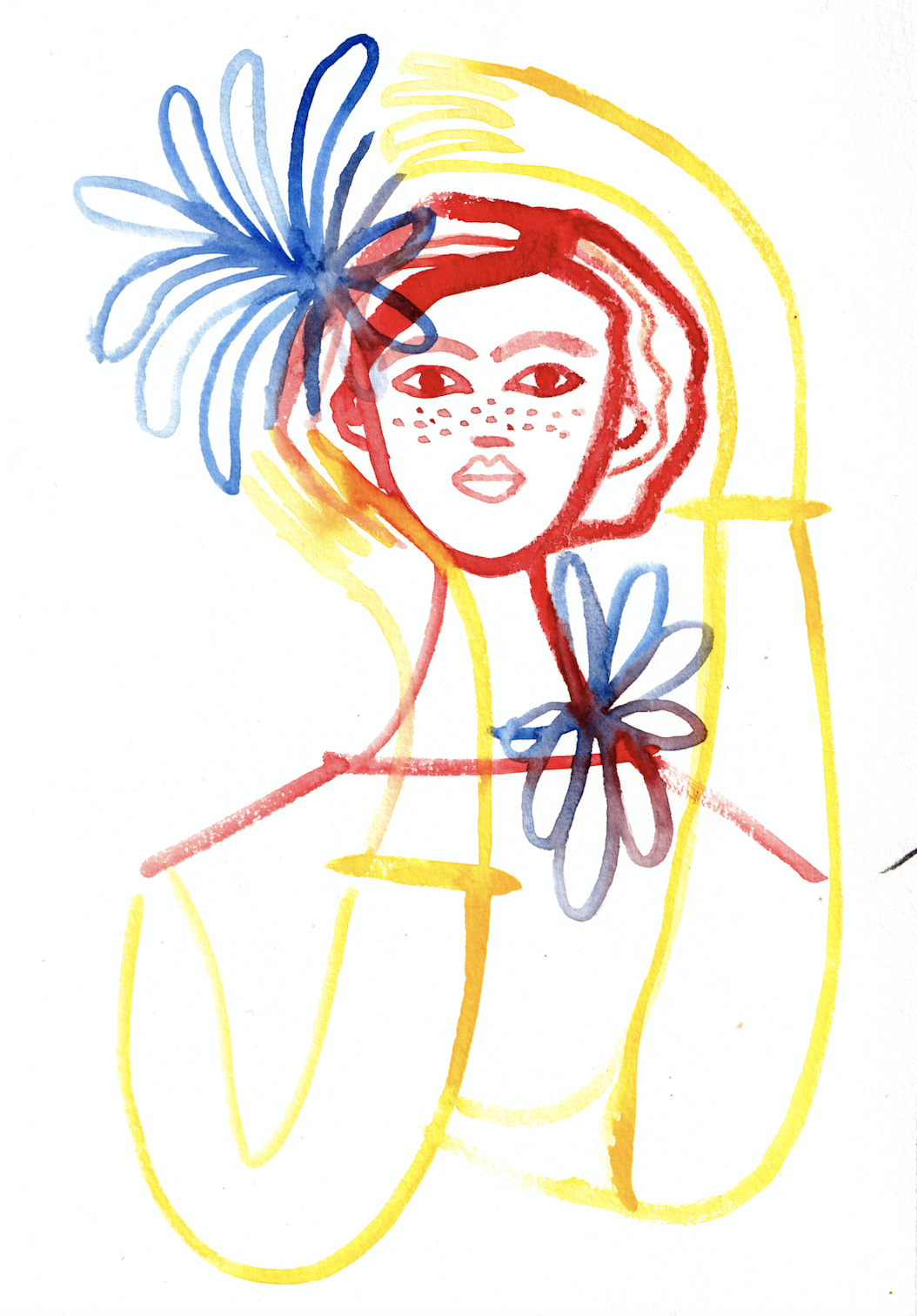 woman with flowers. fine art print of a watercolor drawing by Austrian artist Bianca Tschaikner.
