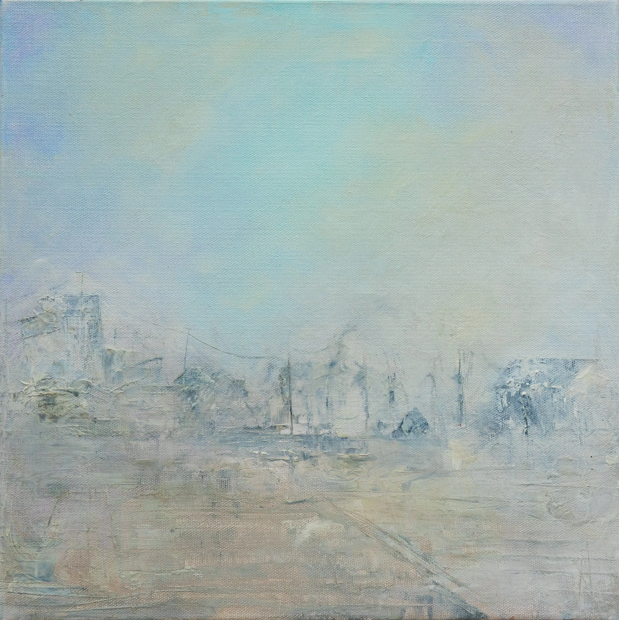 DUNGENESS:  A VIEW OF URBAN DECAY Oil on box canvas 35cm x 35cm