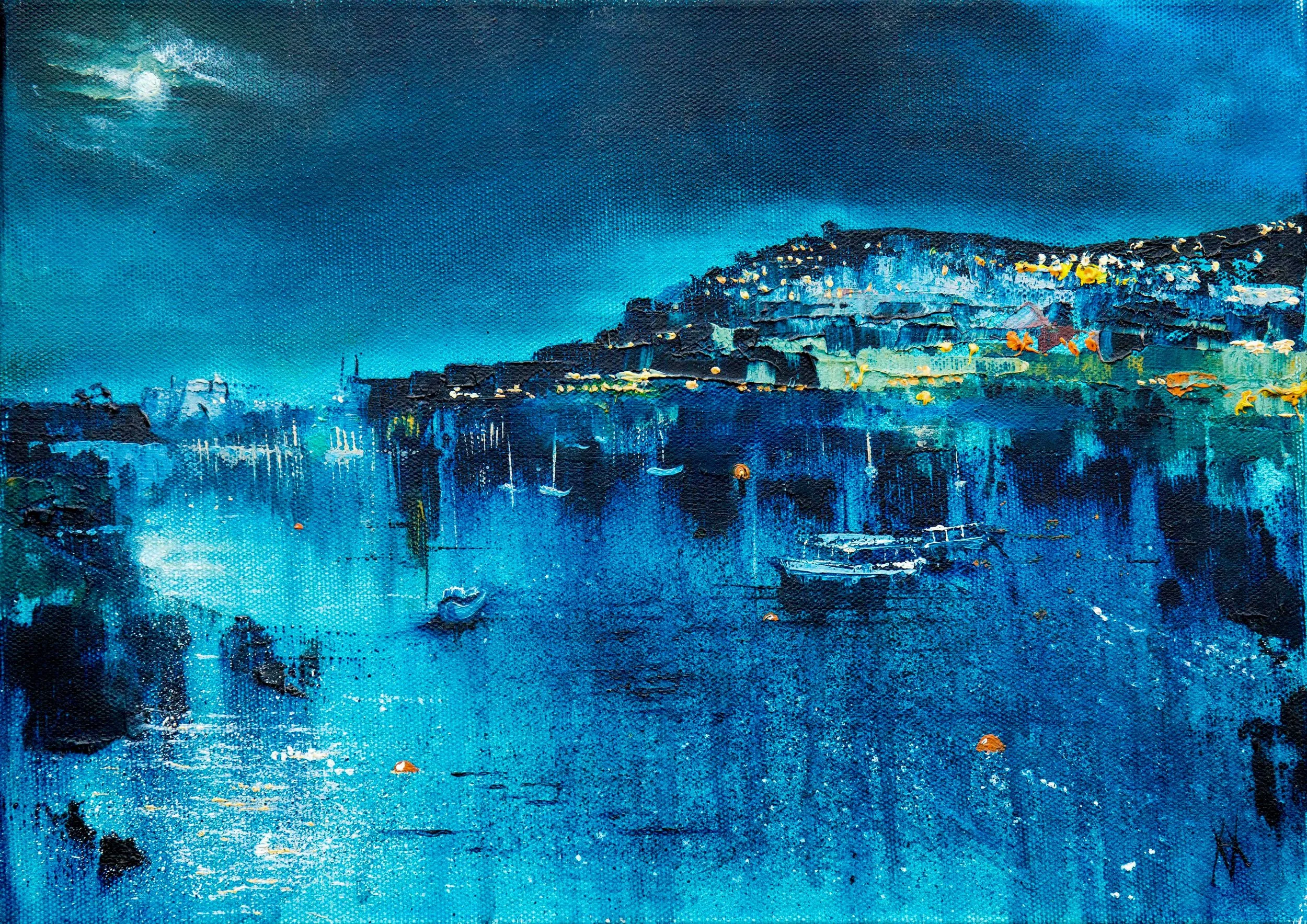 8.   FALMOUTH HARBOUR BY NIGHT Oil on box canvas 36cm x 35cm