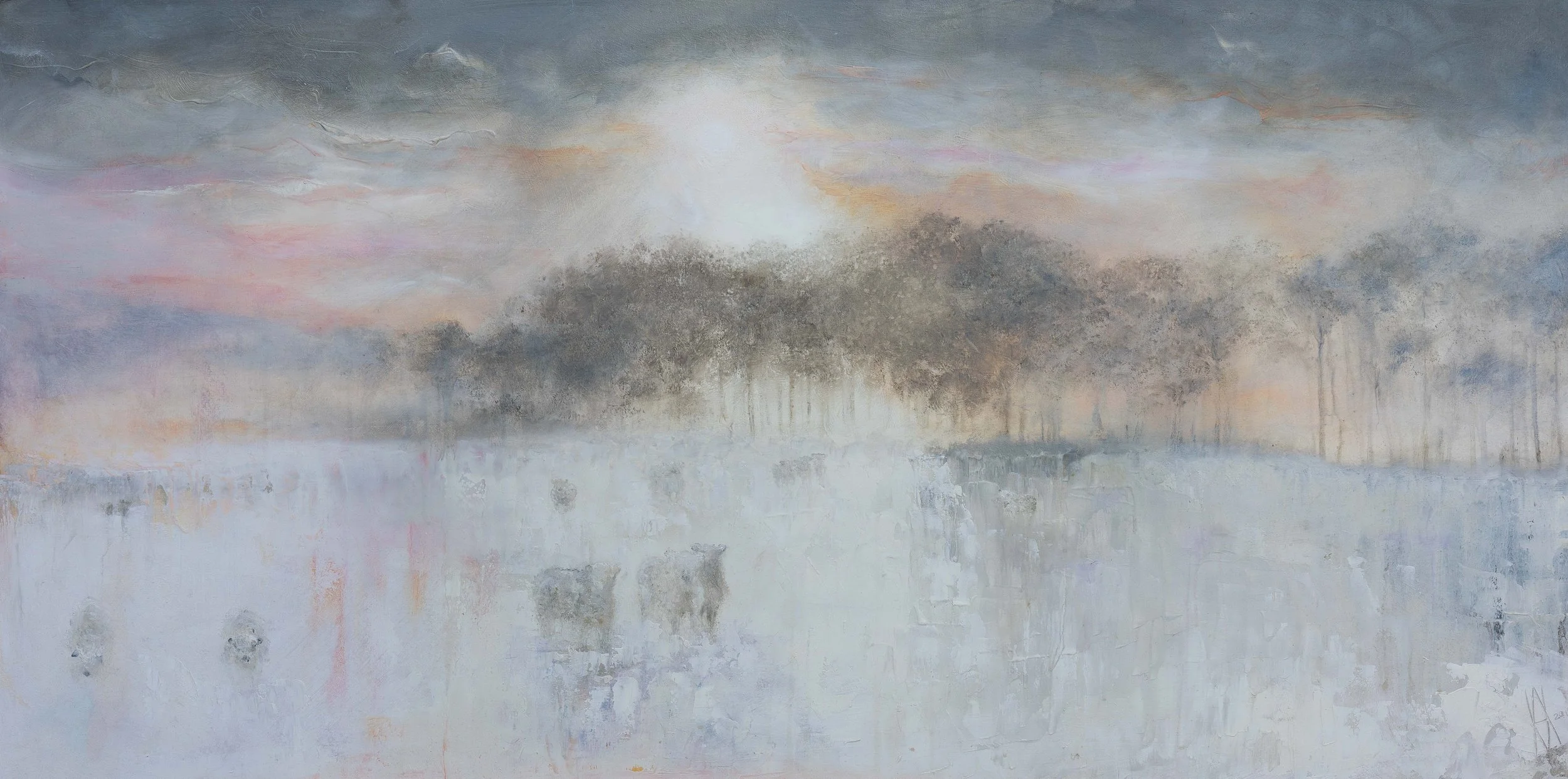 23.   A SMALL HERD OF GREYFACE DARTMOOR SHEEP IN A MISTY EARLY DAWN Oil on board 100 cm x 50cm