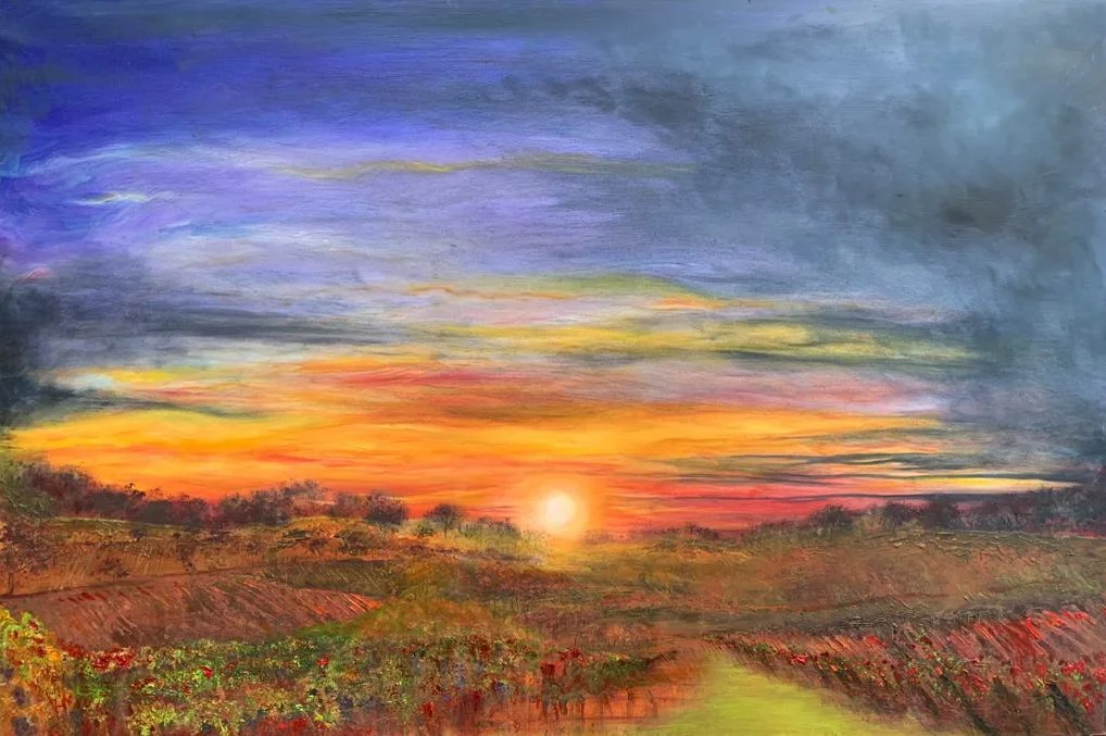 33.   THE SUN GOES DOWN ON THE VINES IN BURGUNDY Oil on board. 91cm x 61cm