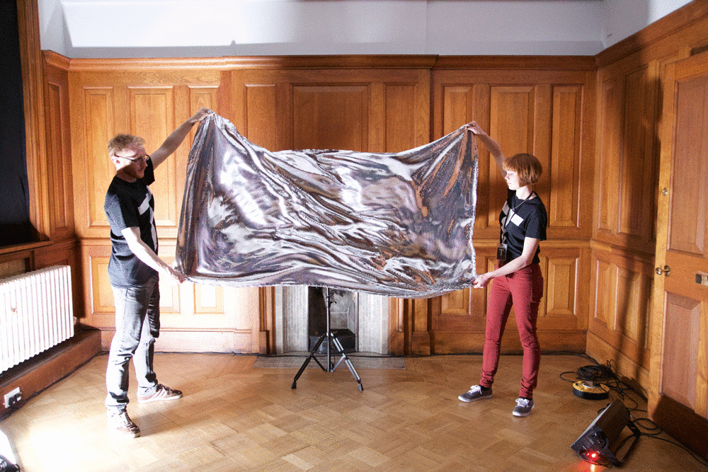 Zumba , 2014-2015, Silver sequinned fabric, strobe lights, laptop with DMX, and two people. Dimensions variable, fabric 140 x 200 cm approx. Duration 30 secs. Performed in Painting in Time , Tetley, Leeds.