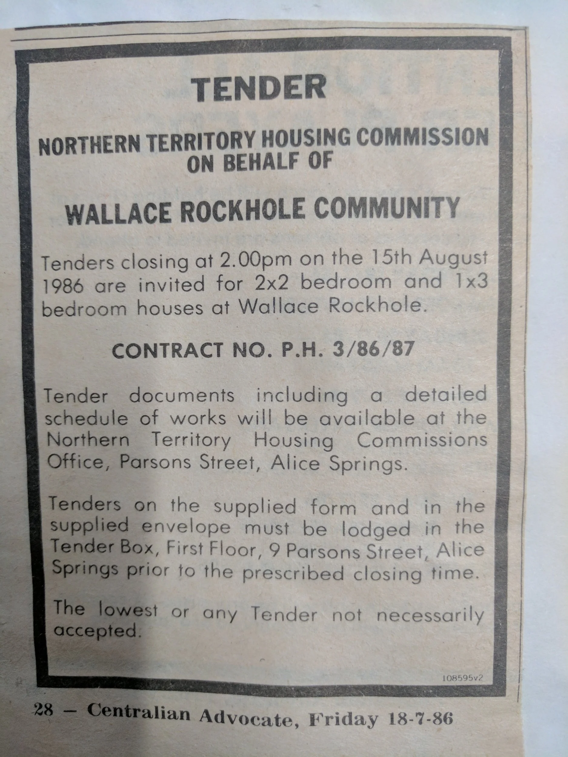 Newspaper snippet from the Wallace Rockhole archives, 1986. Design unknown.