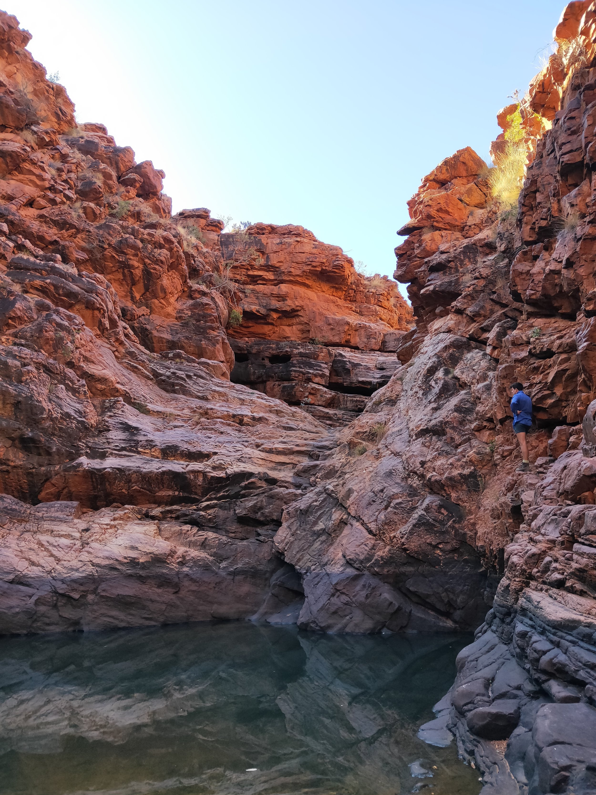 Owen climbs through rockholes and gorges in the east macs near Alice Springs