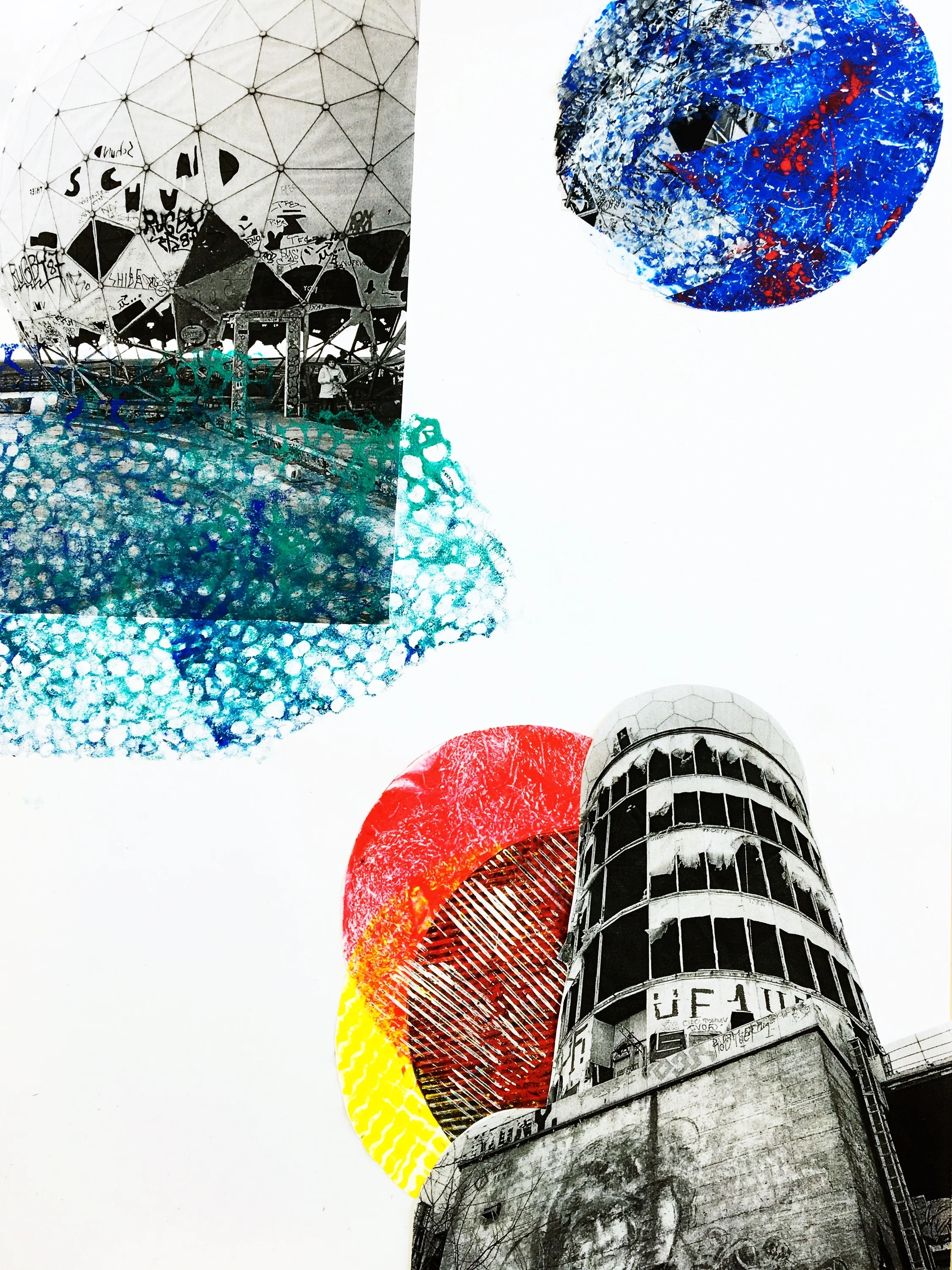 Teufelsberg-inspired graphic gel print collage