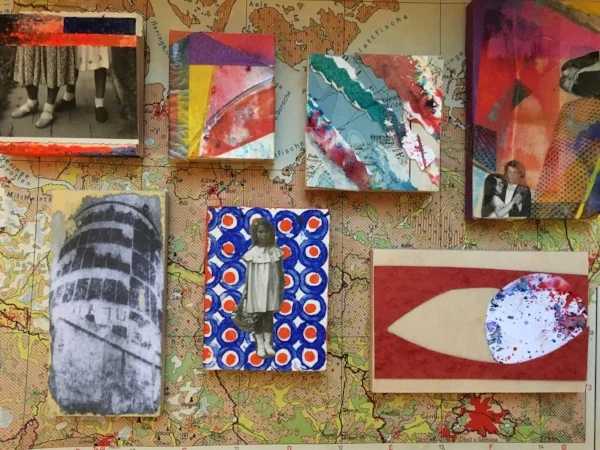 Image transfer, collage on wooden blocks