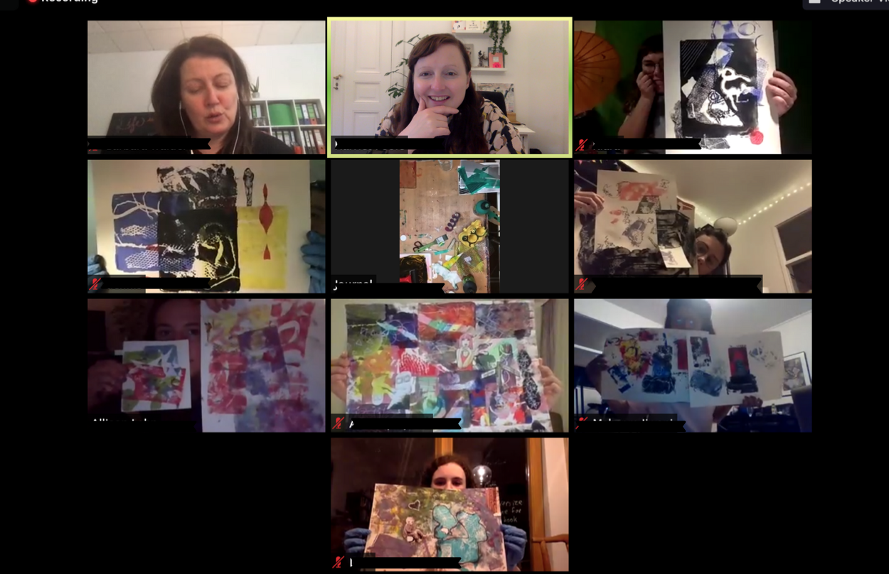 Team on a Zoom call in an art workshop remotely