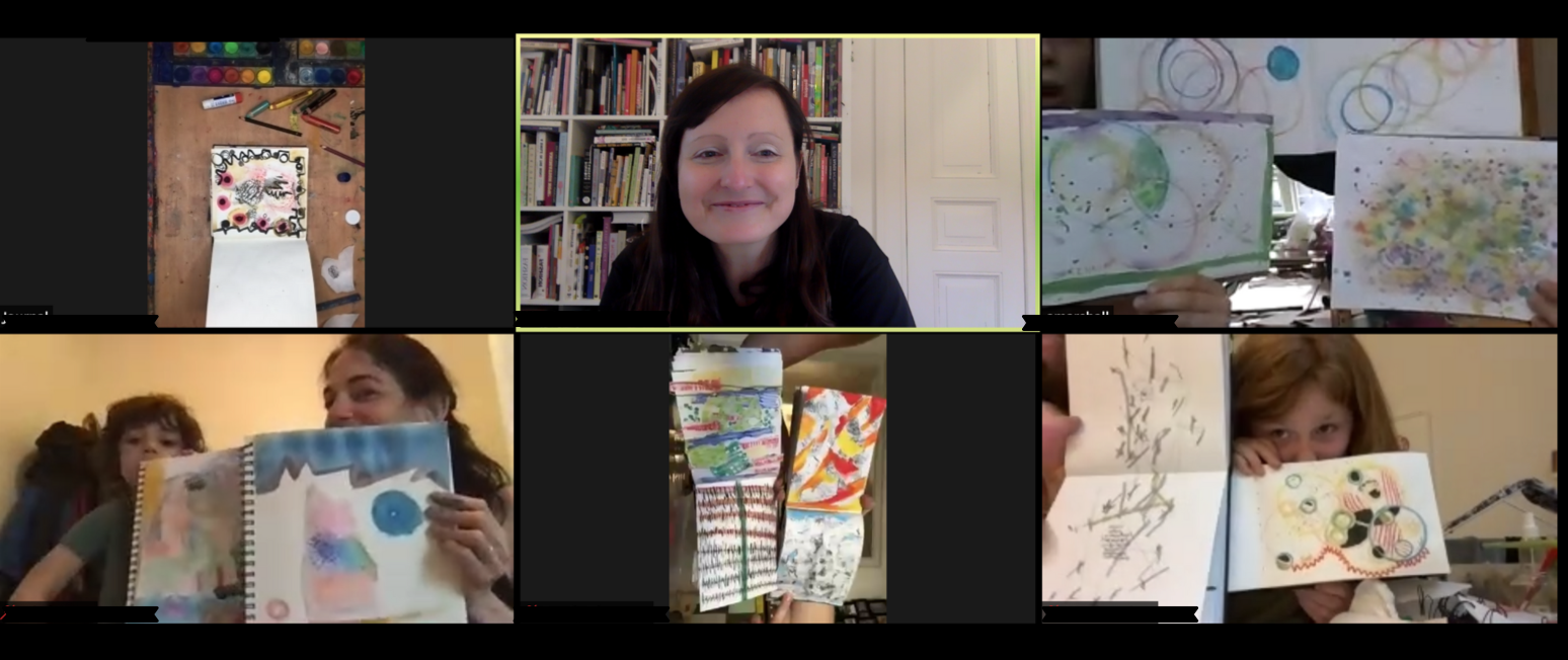 Fun art journaling session online showing doodles, painting, playing together