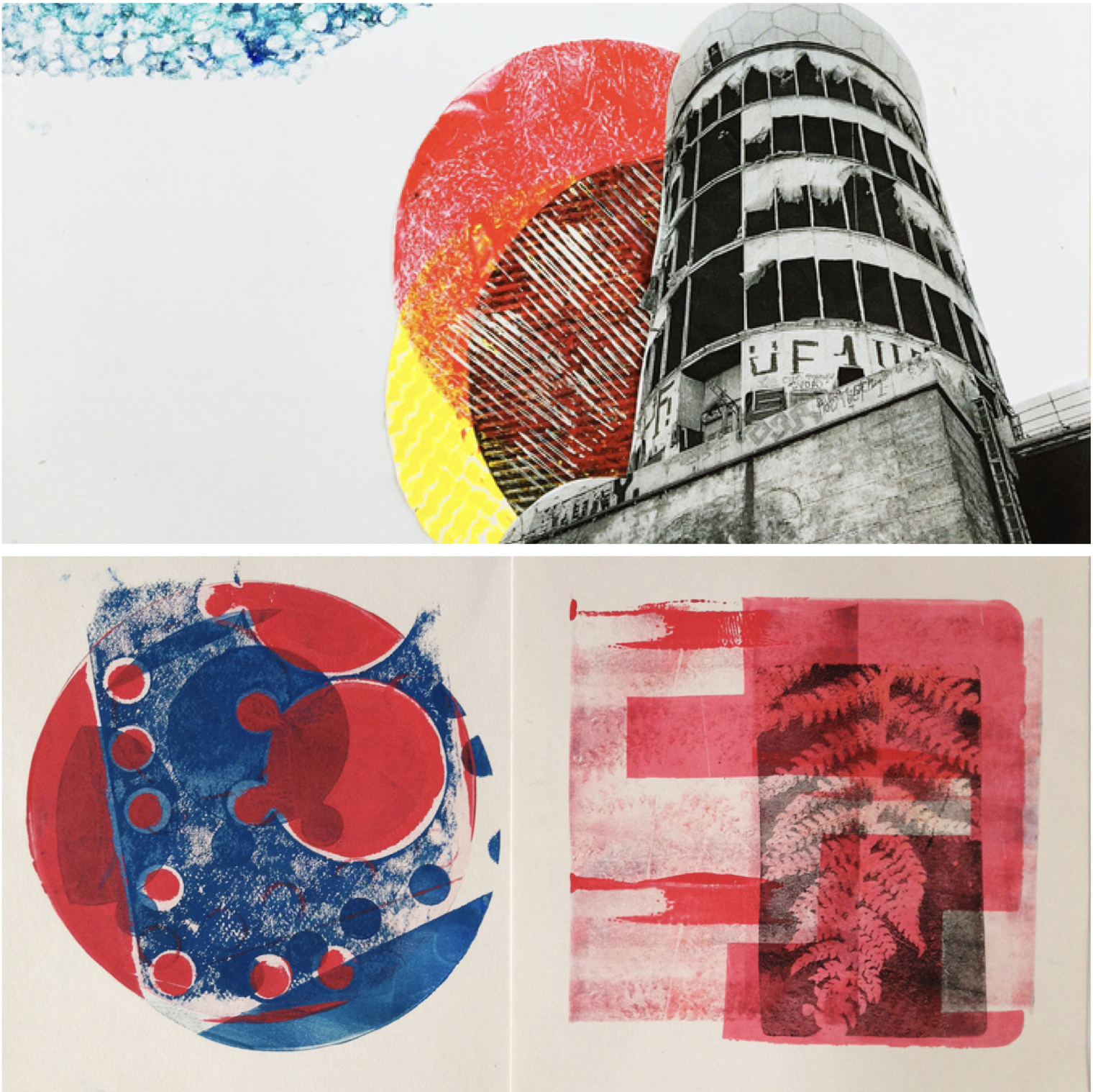 Colourful, unique art prints made using gelli plate and stencil printmaking