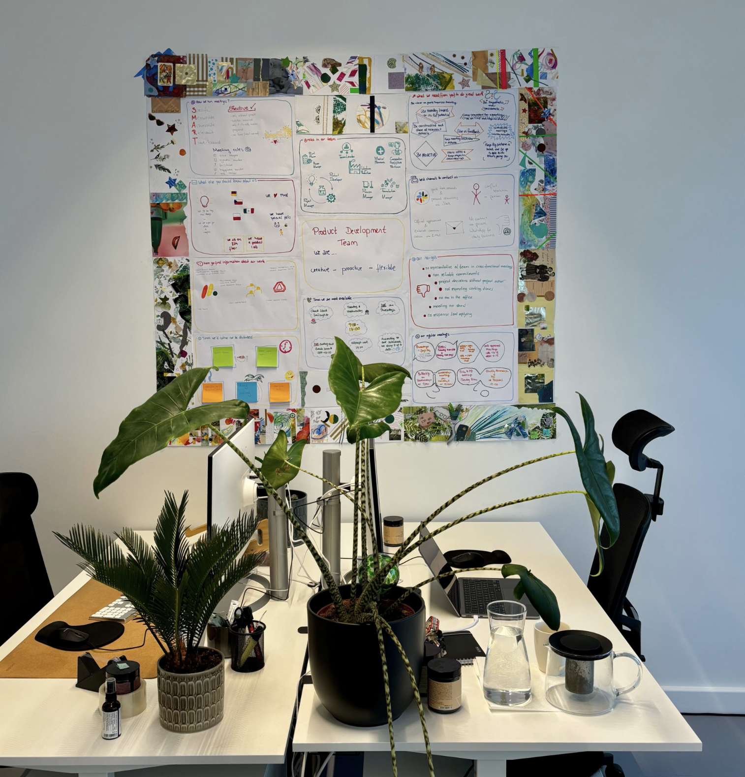 Team offsite day vision board wall using brainstorms, art and collage
