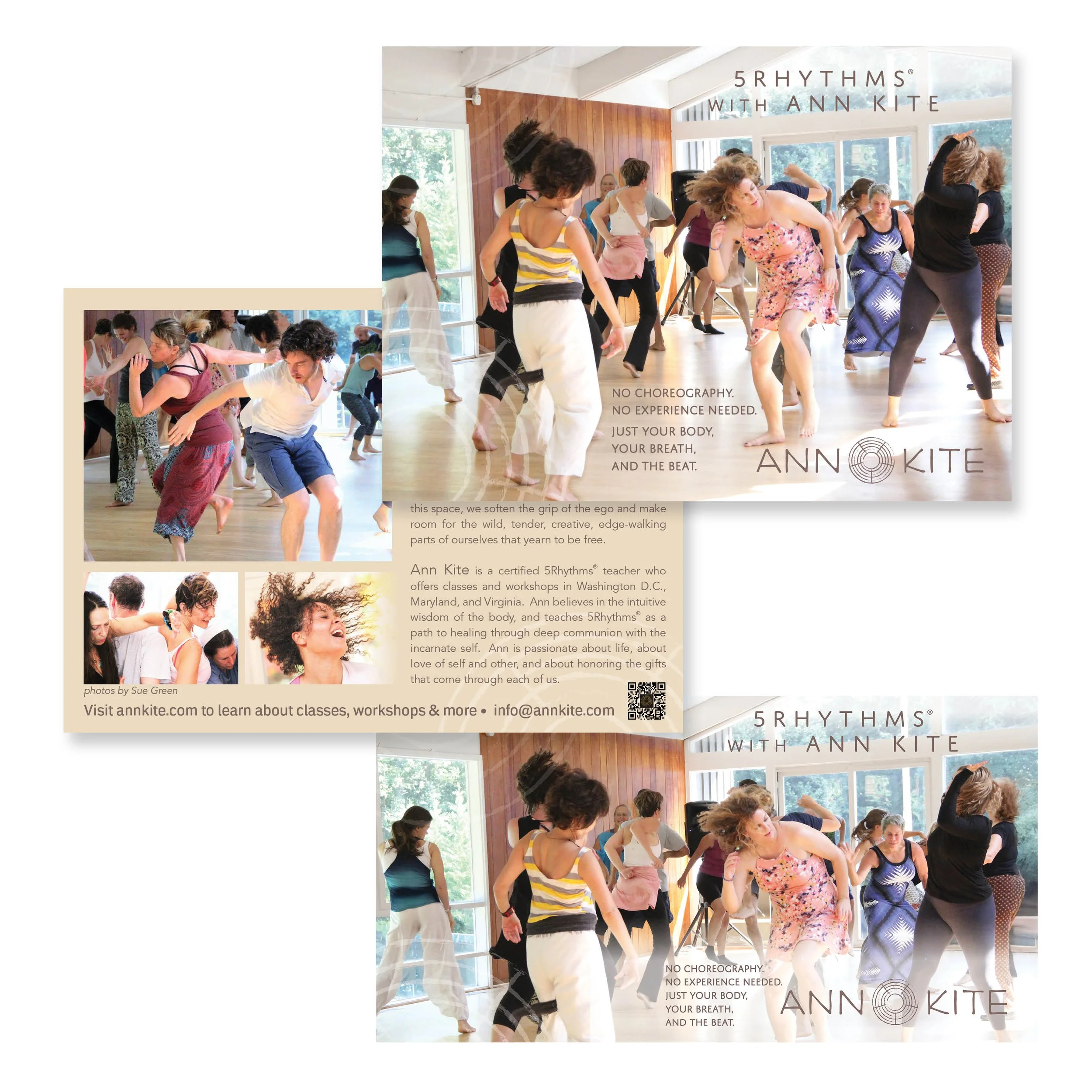 Marketing Postcard for Ann Kite 5 Rhythms Moving Meditation Dance Teacher