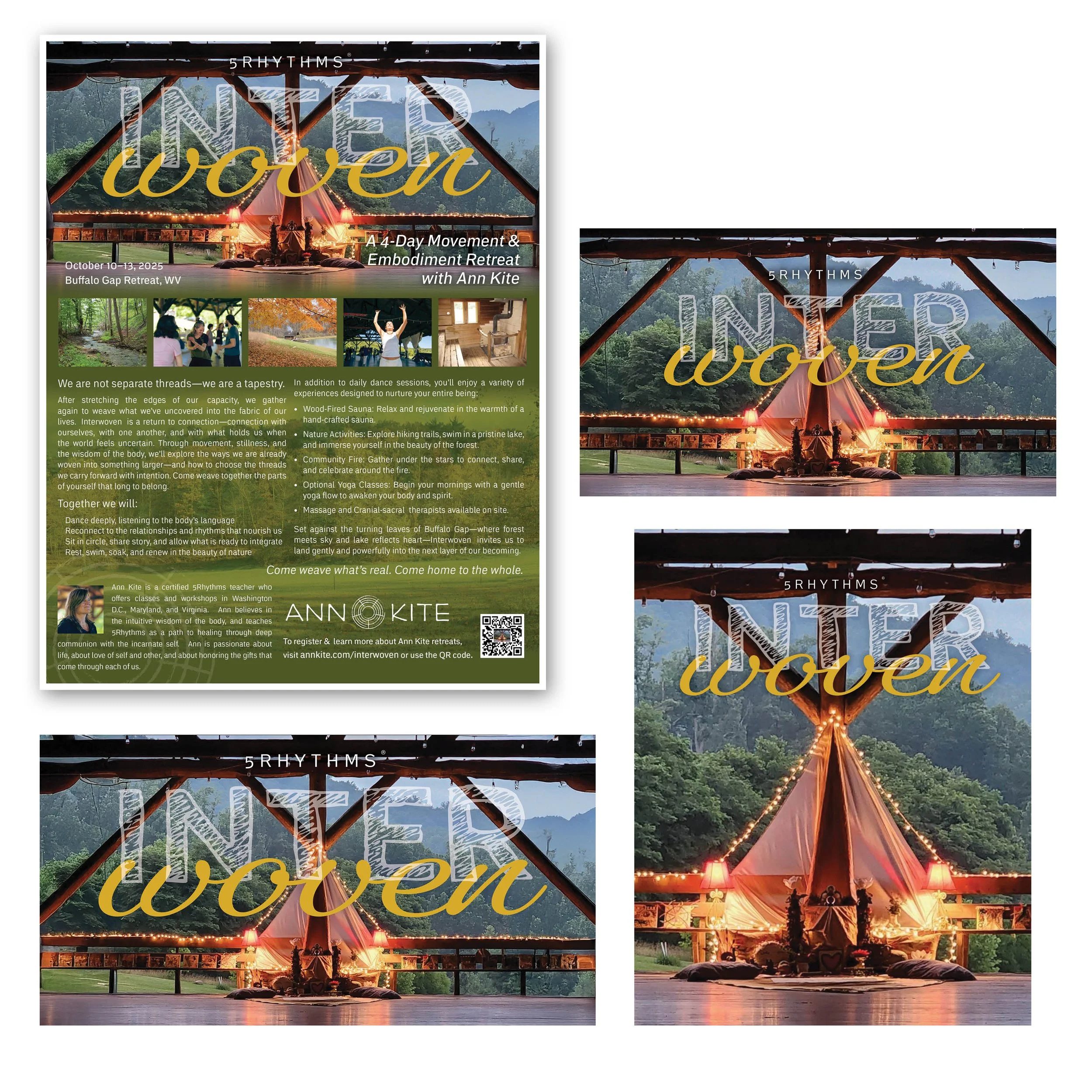 Promotional Flier and Social Media Graphics for Ann Kite Dance Meditation Retreat Interwoven