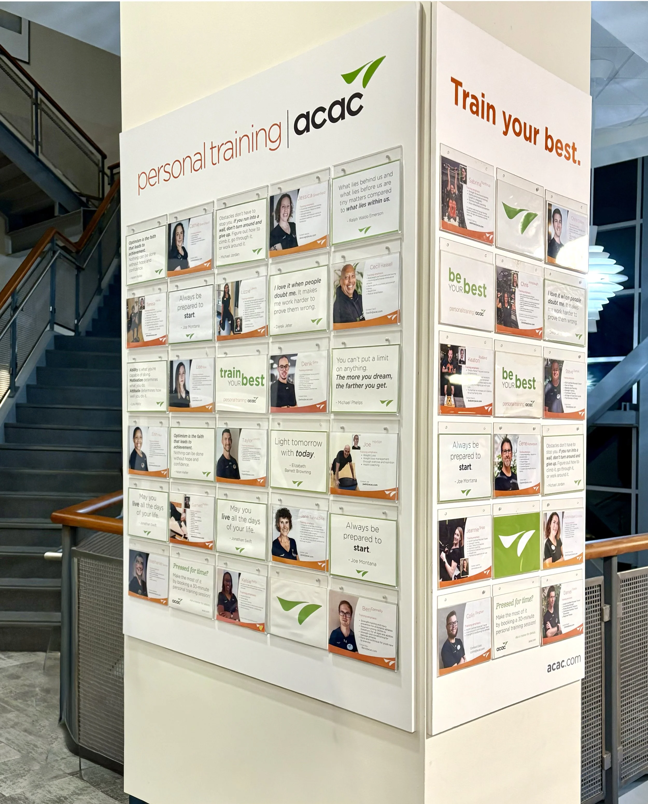 Adapted display custom designed for installation on structural column at acac Fitness and Wellness