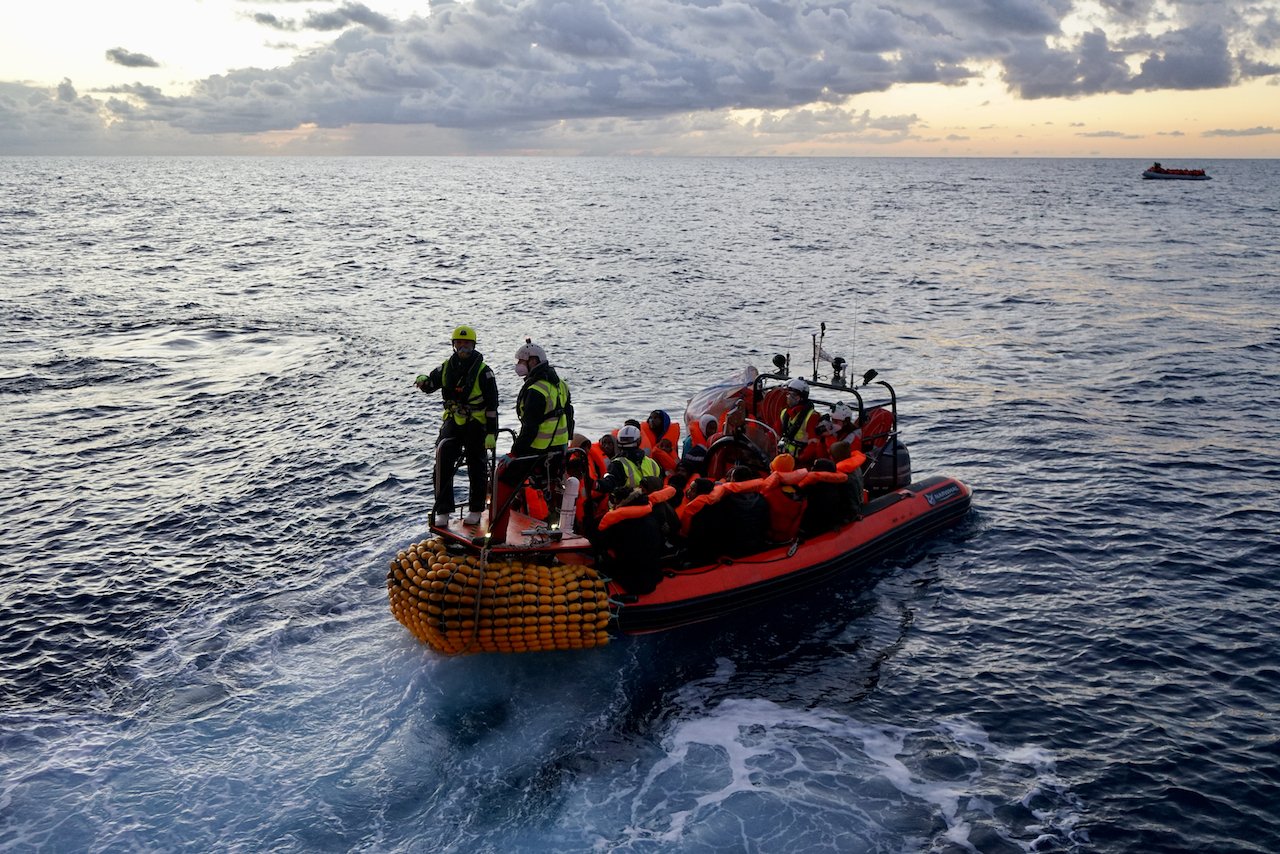 Survivors on board the Ocean Viking rescue boat, photographed on the 16th of December 2021. 