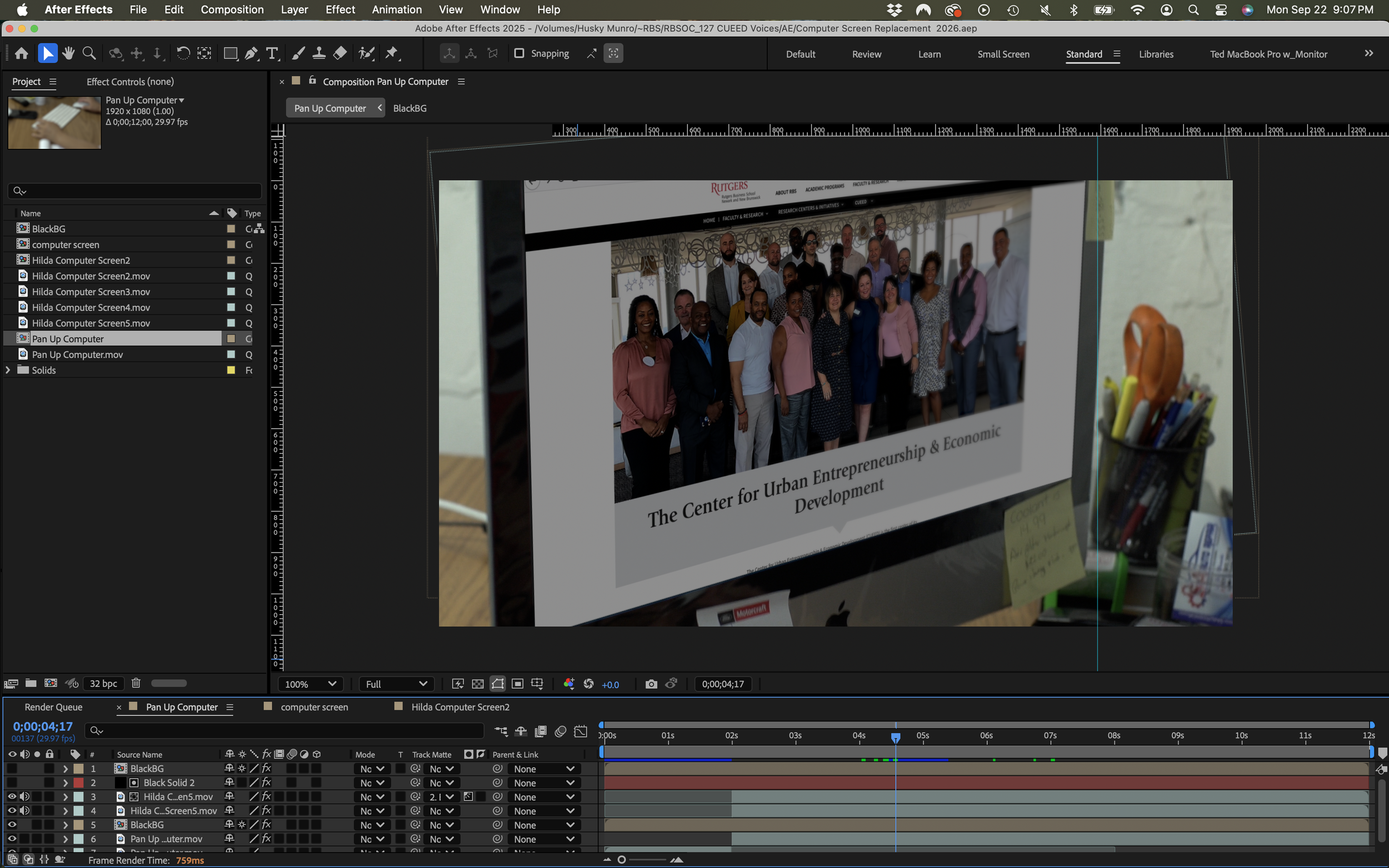 After tracking and compositing, I color corrected the CUEED website footage to match the original shot…